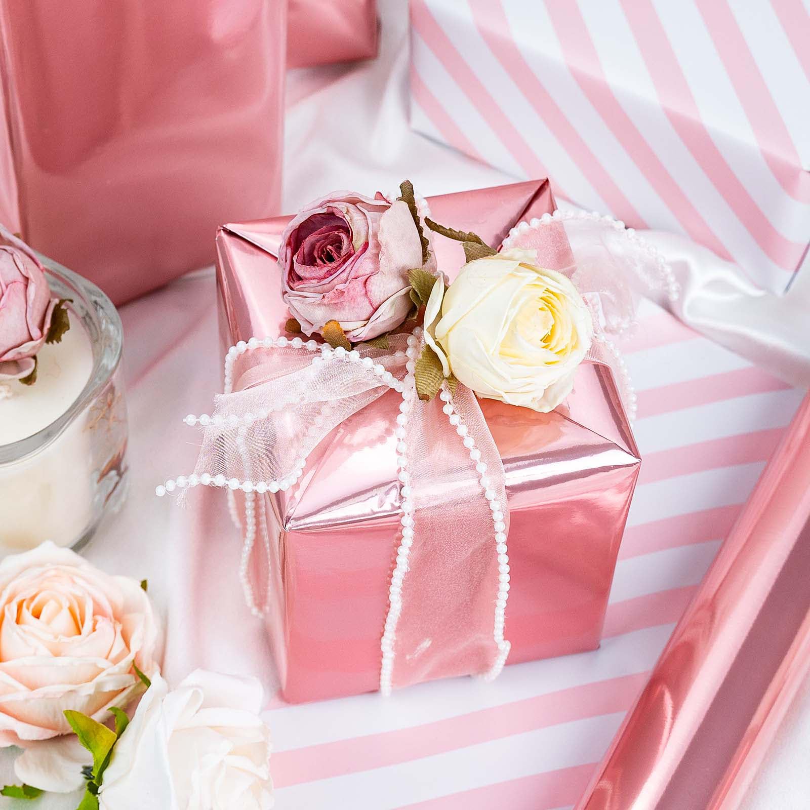 Wikadlik Mini Geschenkpapierrolle, metallisiertes Rosa, Streifen, beidseitig verwendbar, für Geburtstage, Valentinstag, Muttertag, Babyparty, Hochzeiten, 43 cm x 10 m