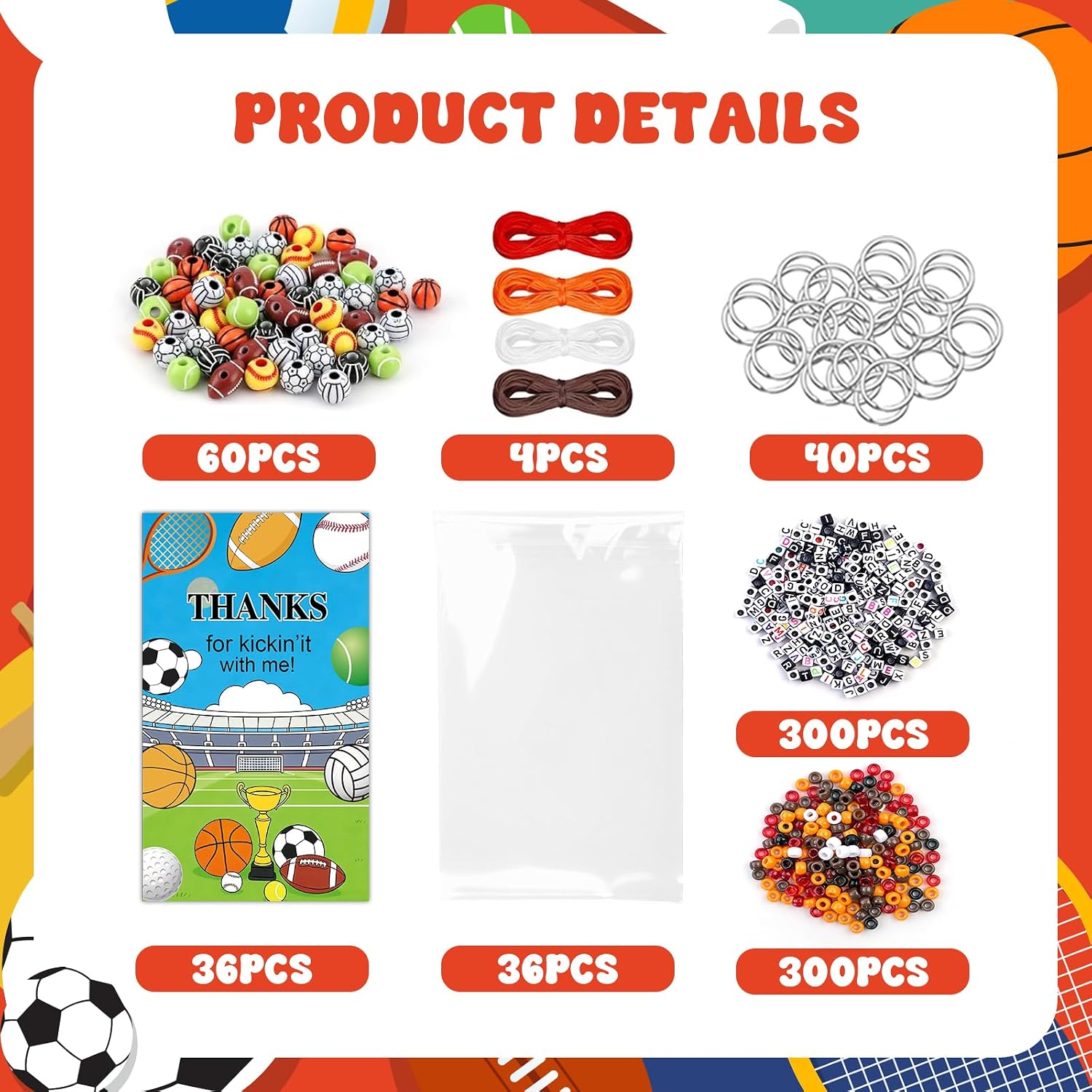 1012 Pcs/ 36 Set Sports Keychain Making Kit Adjustable Bead with Baseball Volleyball Soccer Baseball Letter Star Beads Cards Bags for Sport Theme Party Favor Backpack Accessories Holiday Decoration