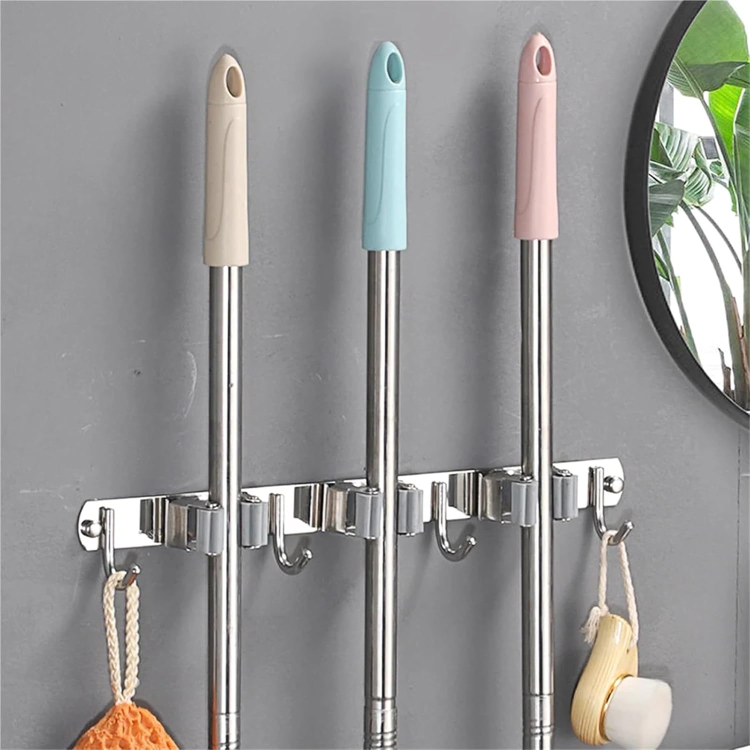 Broom Holder Wall Mount 3Pcs Stainless Steel Mop Organizer Holder Kitchen Bathroom Organization Accessories Towel Storage Hook Wall Mounted Broom Hook Holder for Kitchen Bathroom(3 Holders 4 Hooks)