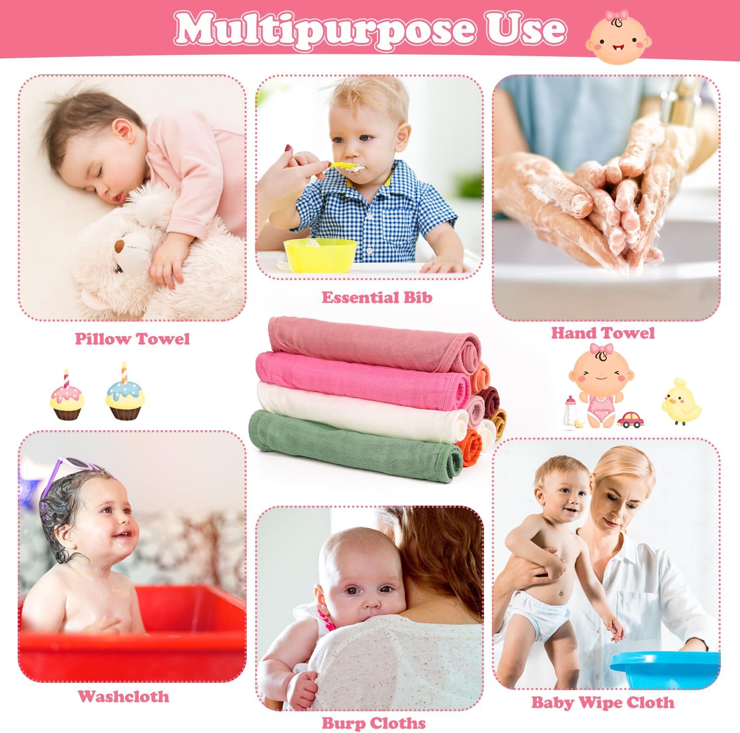10Pcs Muslin Baby Burp Cloths Sets for Unisex, 20X10 Inches Burp Rags Cotton Burping Clothes for Newborn, Baby Girls and Boys - Image 5