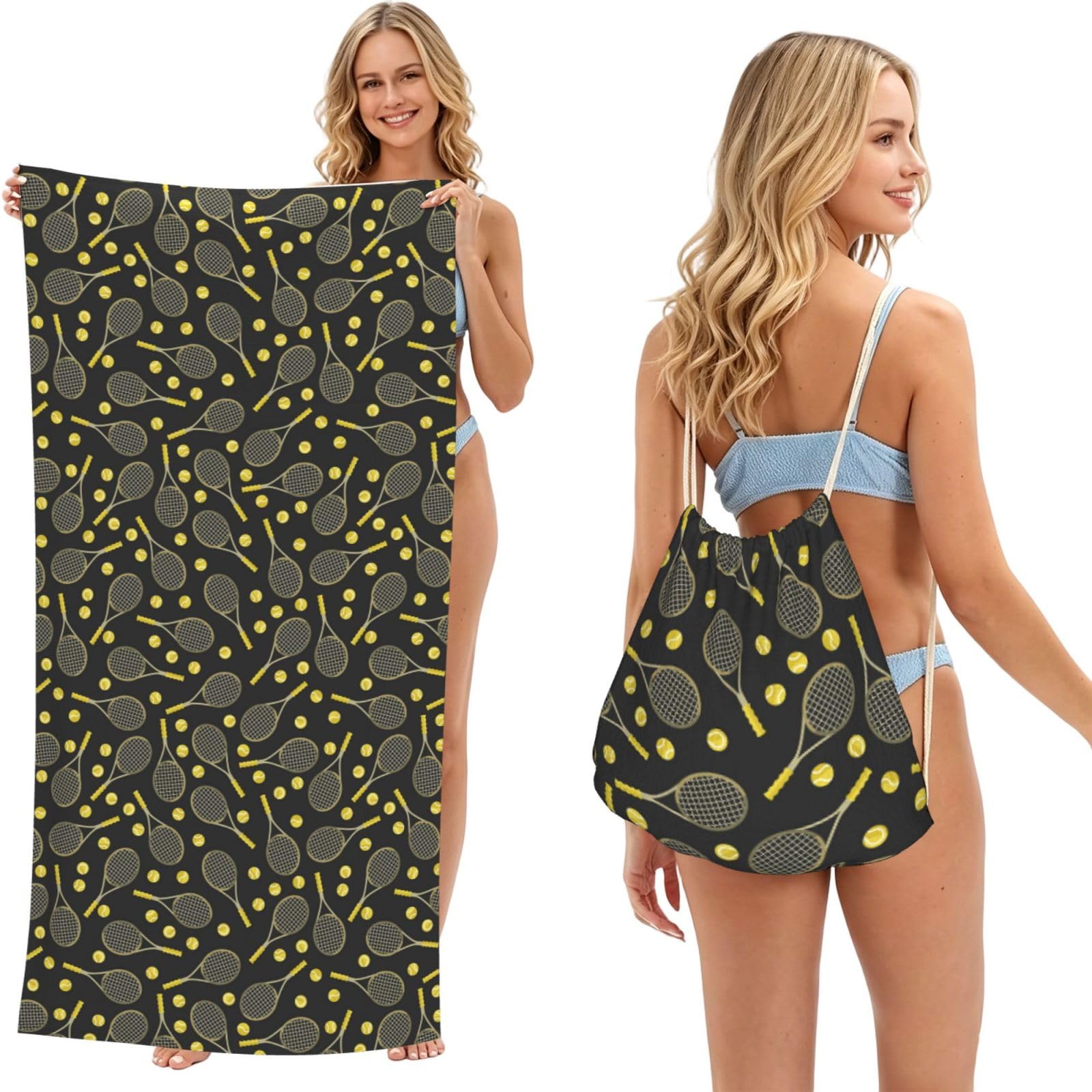 WSHFFILO Funny Tennis Racquets and Tennis Balls printed 2 in 1 Packable Towel Bag Bath Towel Beach Towel