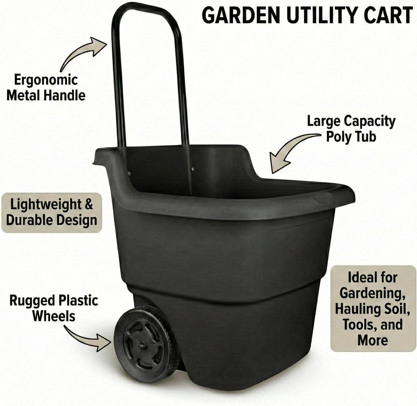 15-Gallon Rolling Garden Cart & Utility Wagon – Lightweight Resin Yard Waste Bin with Telescoping Handle & 7-Inch Wheels – Portable Outdoor Organizer for Lawn, Mulch, Firewood (Black)