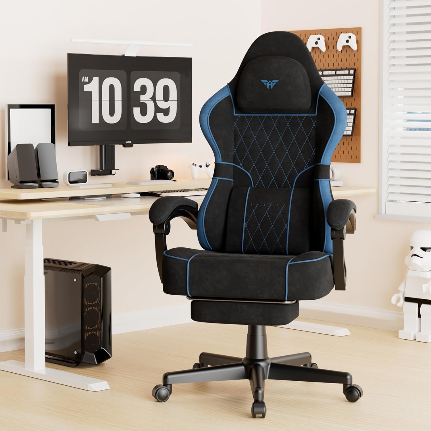 Soontrans Silla Gaming con Cojín Lumbar Masajeador, Silla Gamer con Reposacabezas, Reposapiés, Cadeira Gaming, Tela sintética, Altura Ajustable para Juegos (Negro y Azul)