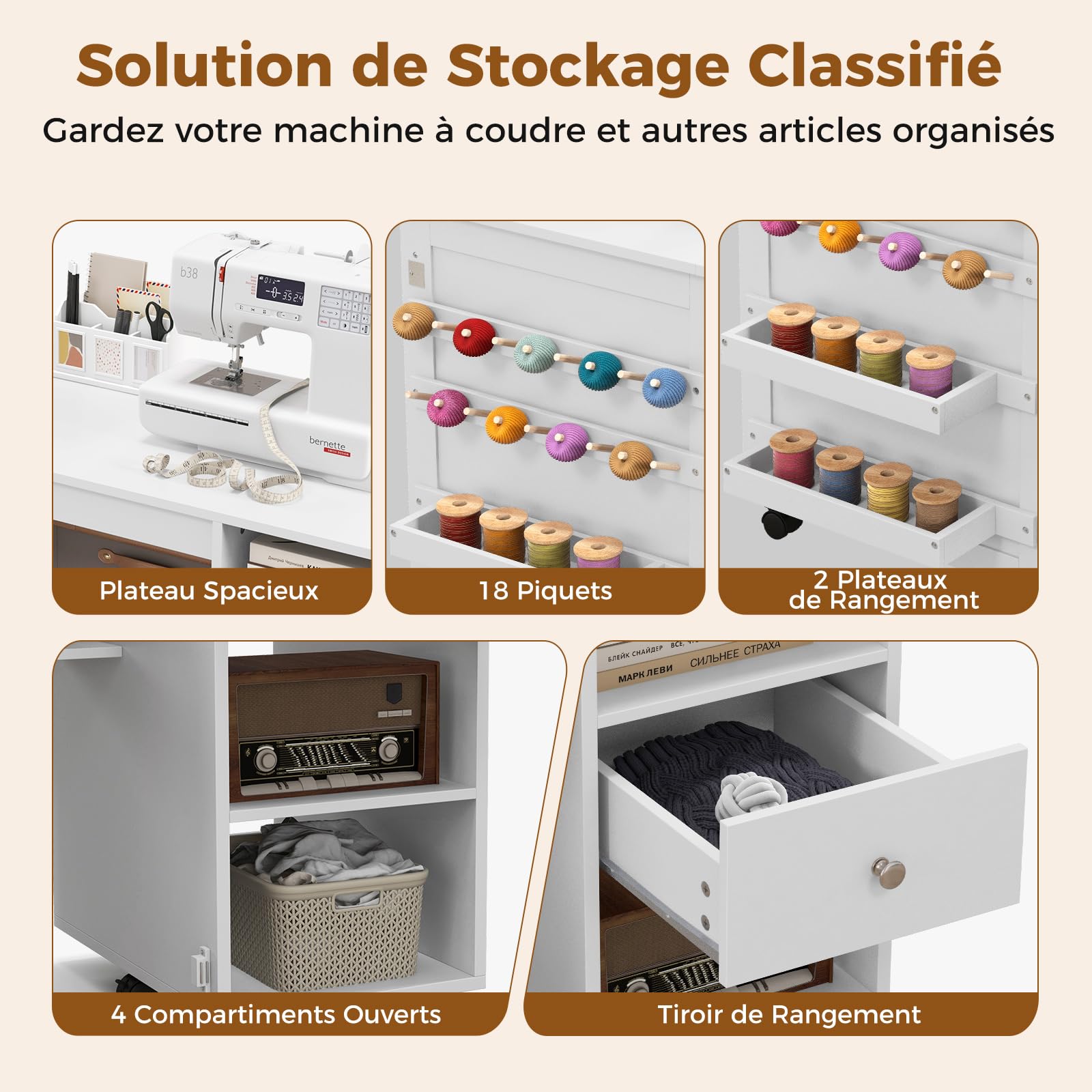 COSTWAY Table de Couture Pliante, Meuble Machine à Coudre avec 4 Compartiments Ouverts et 1 Tiroir de Rangement, 18 Rangées de Bâtonnets, 2 Plateaux de Rangement, roulettes Verrouillables, Blanc