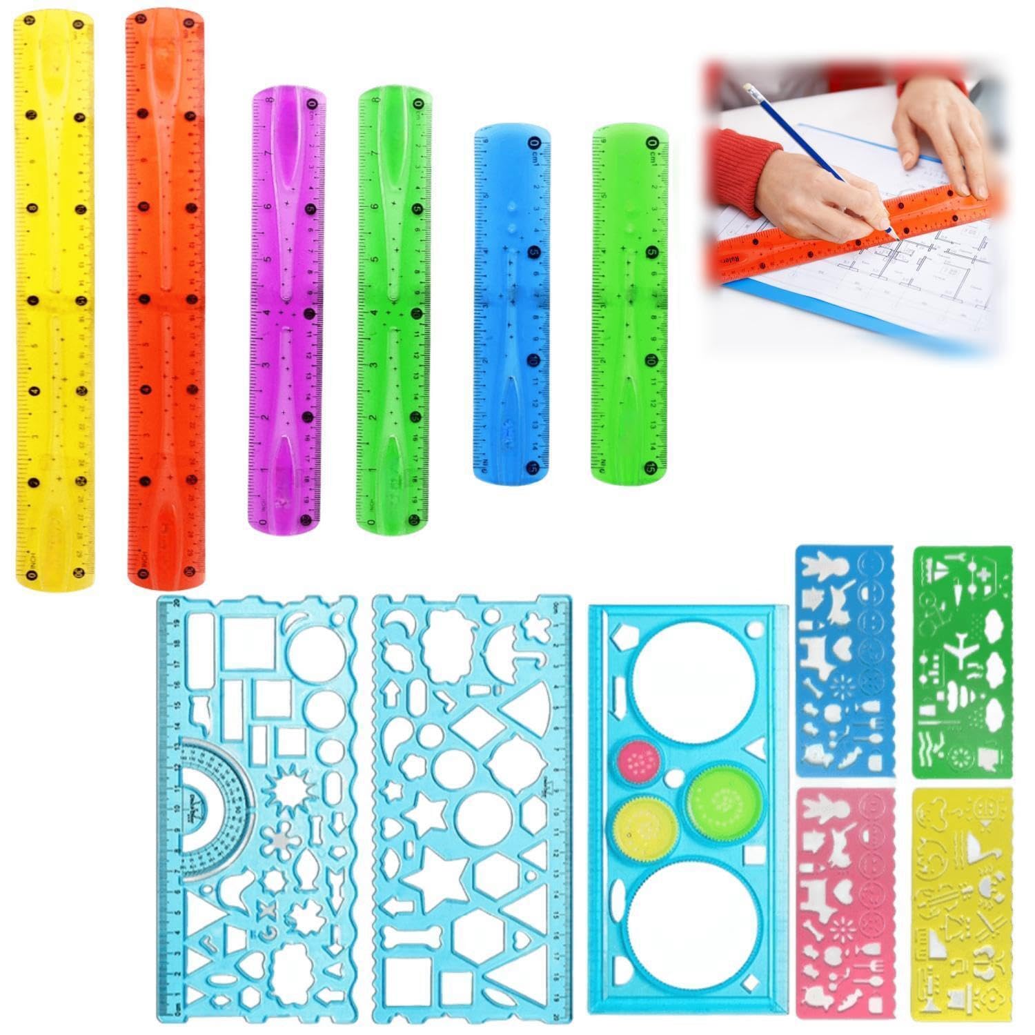 Juego de 13 reglas flexibles, juego de reglas geométricas multifuncionales, regla de 30 cm, regla de 20 cm, regla de 15 cm, regla multicolor, regla suave, transparente, irrompible, flexible