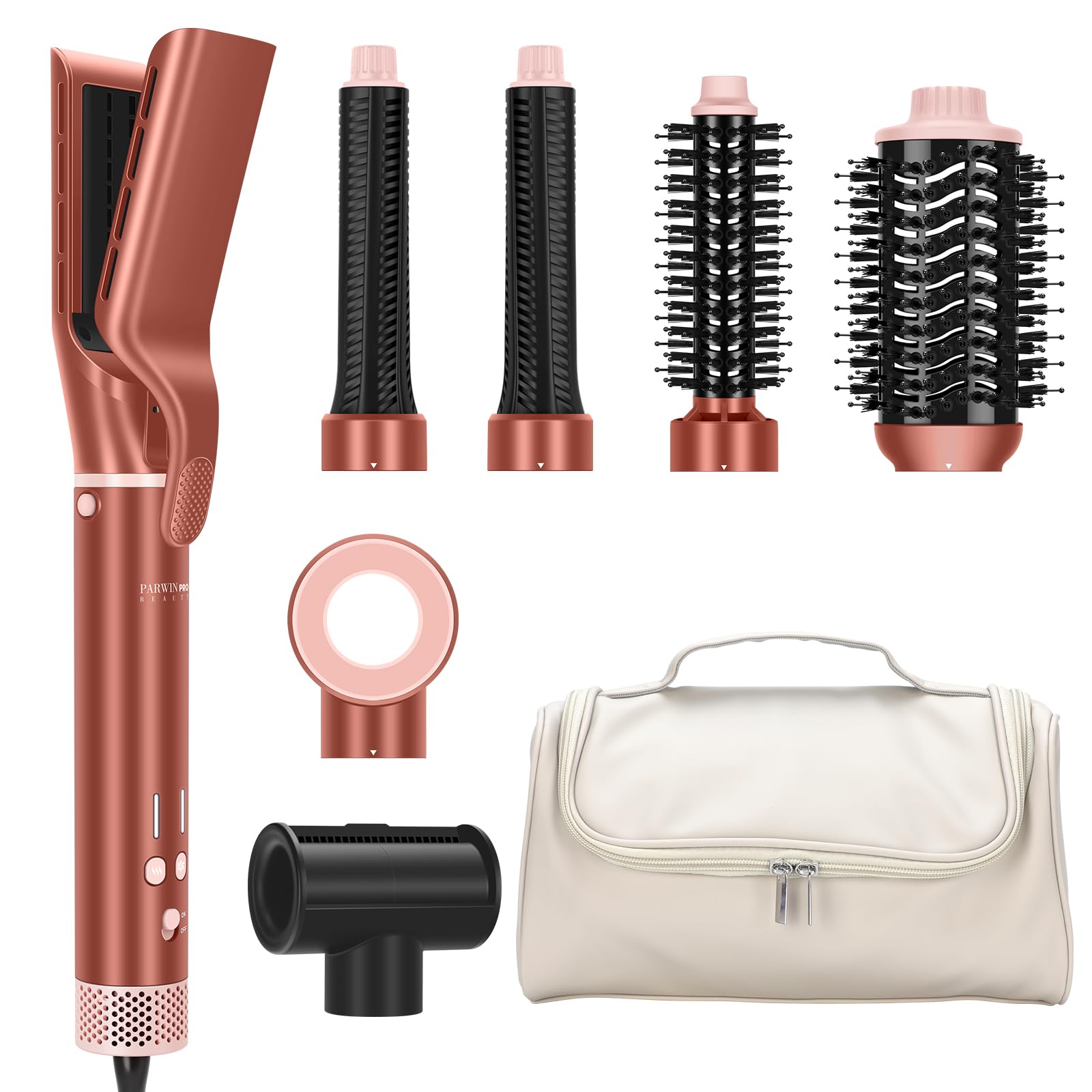 7 in 1 Airstyler, PARWIN PRO BEAUTY MaxAIR 2.0 Multi-Styler Set | Auto-Wrap, Geringere Hitzeschäden Glätteisen, 110000 U/Min Föhn, Volumenbürste, Glättender Finish-Aufsatz, Amber Silk