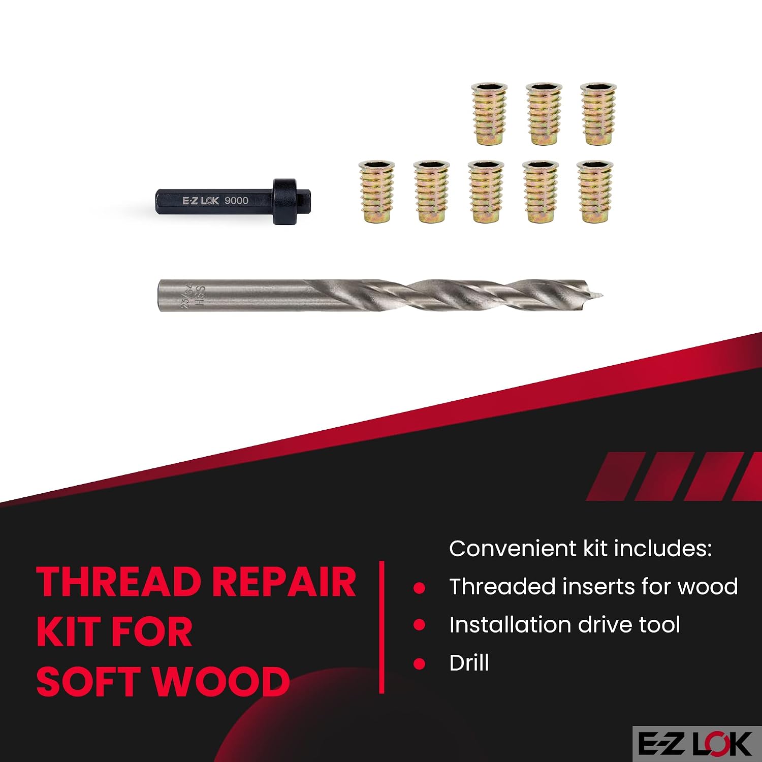 E-Z Hex Thread Repair Kit for Soft Wood Flanged Threaded Inserts 1/4-20 x 20mm, Drill, Installation Tool