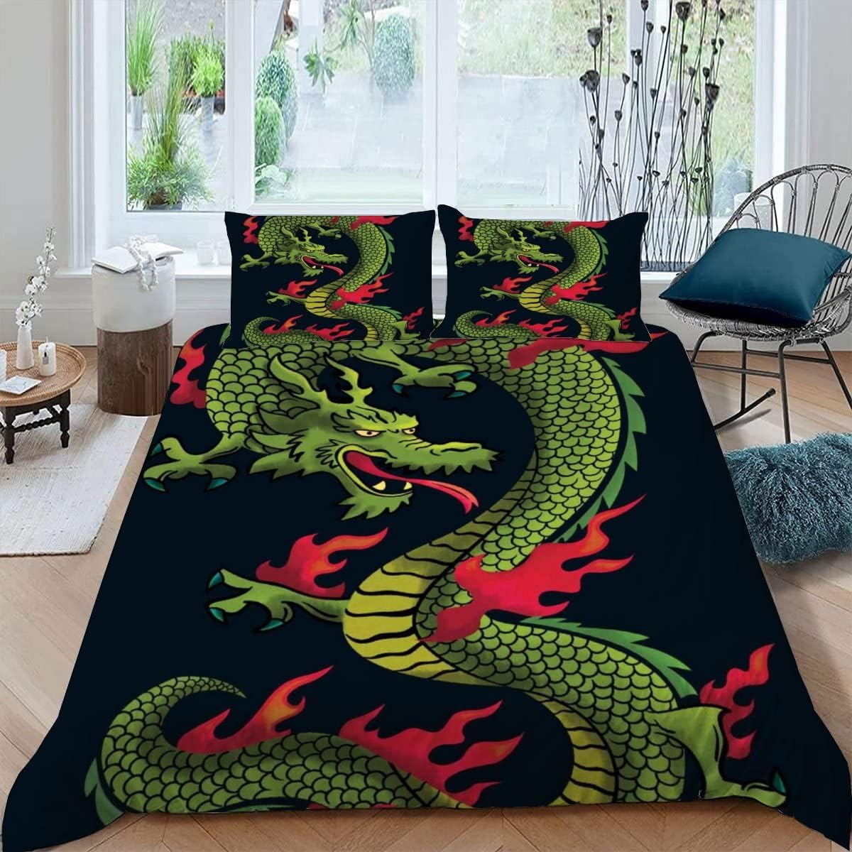 MEVASA Dragon Bedding Double Bed Set Microfiber Teenager Bedding Mythical Animals 3D Bedding Set for Small Double 3Pcs Anti Allergic Double Duvet Cover Set with Zipper /200x200