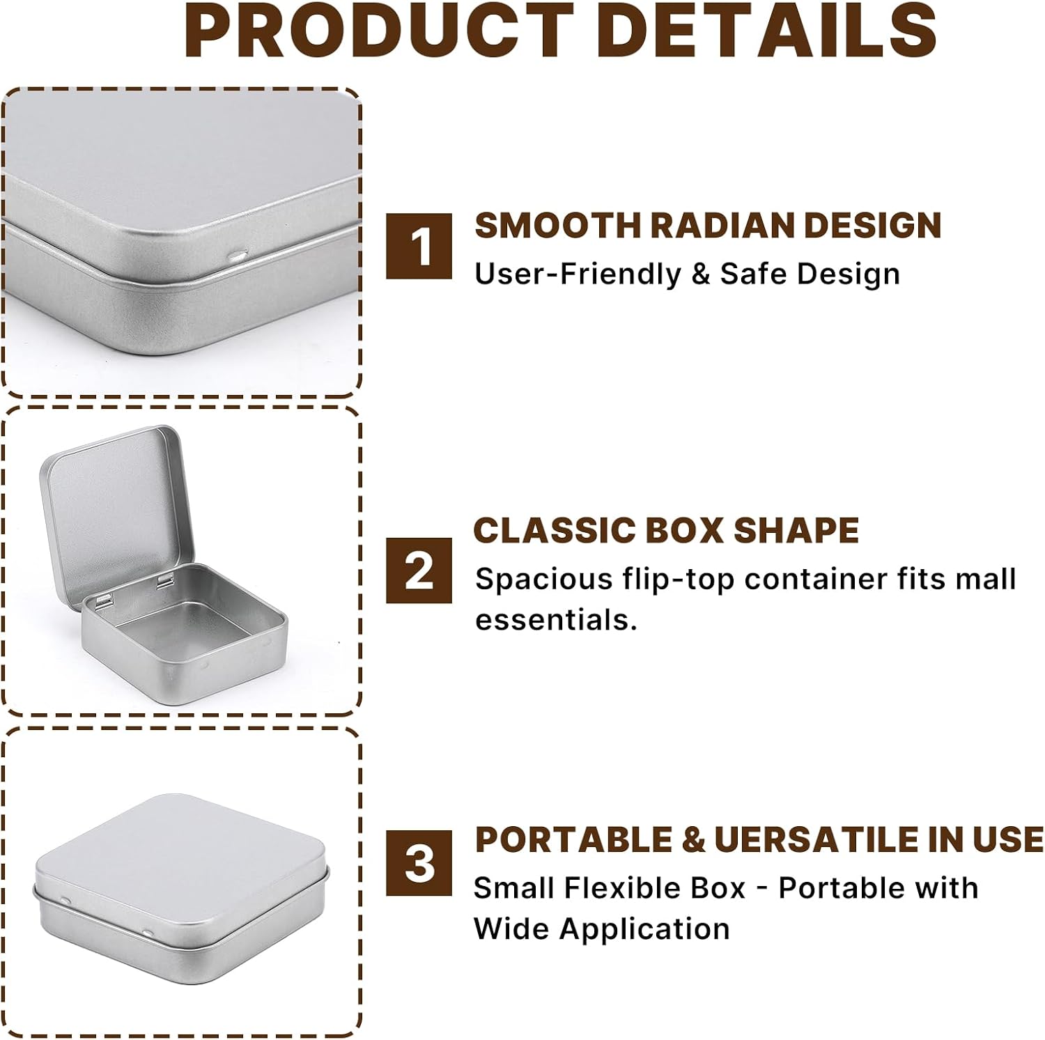 Rectangular Metal Empty Hinged Tins, Silver Mini Storage Containers with Lids, Small Portable Box Set for Crafts, Soaps, Jewelry, Basic Home Organizer, 2.76 x 2.76 x 0.89 inch (6)
