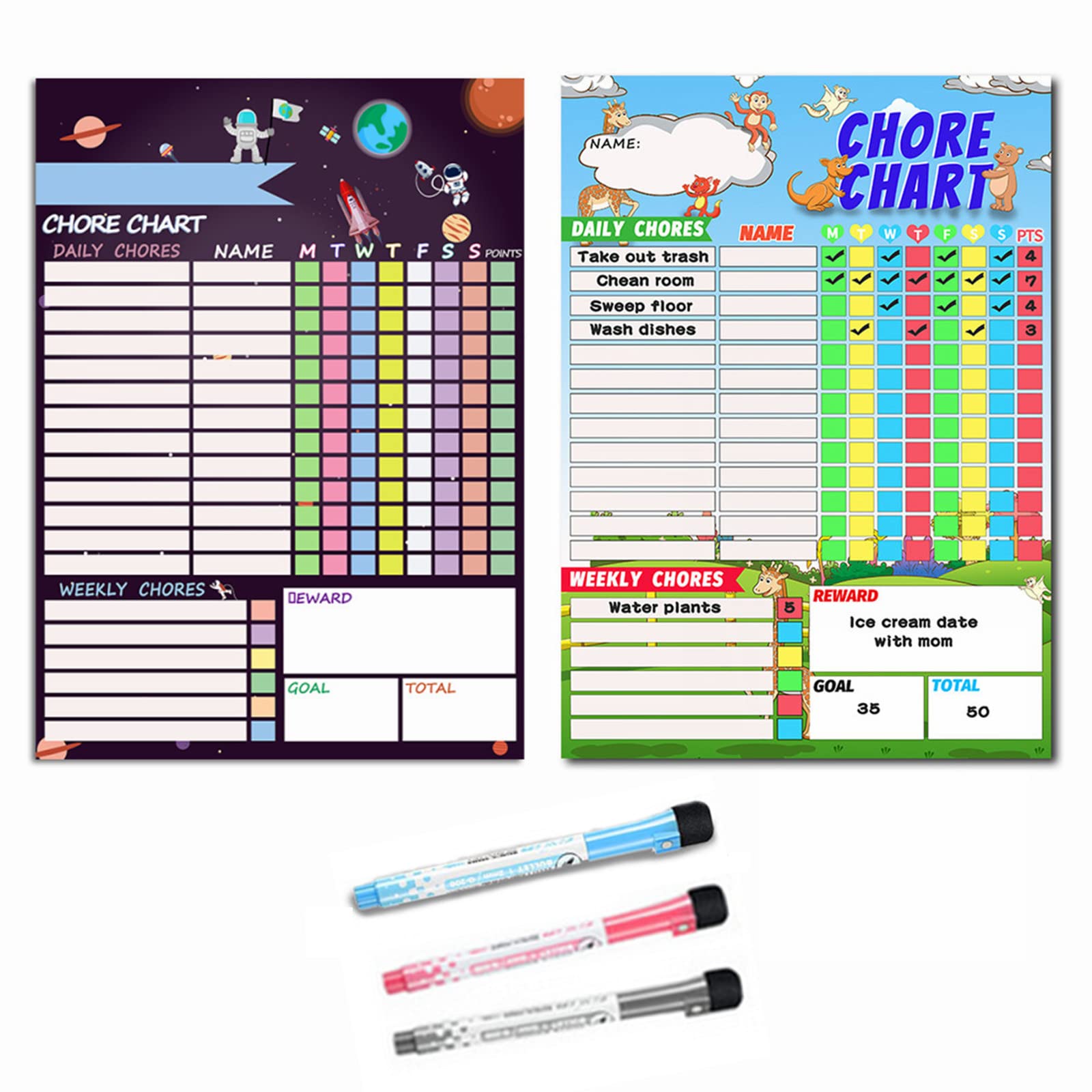 Enlarged Magnetic Chores Chart for Kids Multiple Kids Behavior Chart at Home Dry Erase Chore Chart with 3 Color Markers Responsibility Reward Chart for Multiple Kids Adults Family School Supplies
