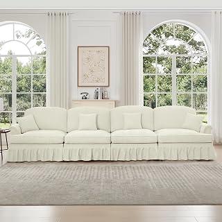 Geelife Elegant Mid Century 4-Seater Sofa with Flared Arms and Removable Ruffles, Beige/White