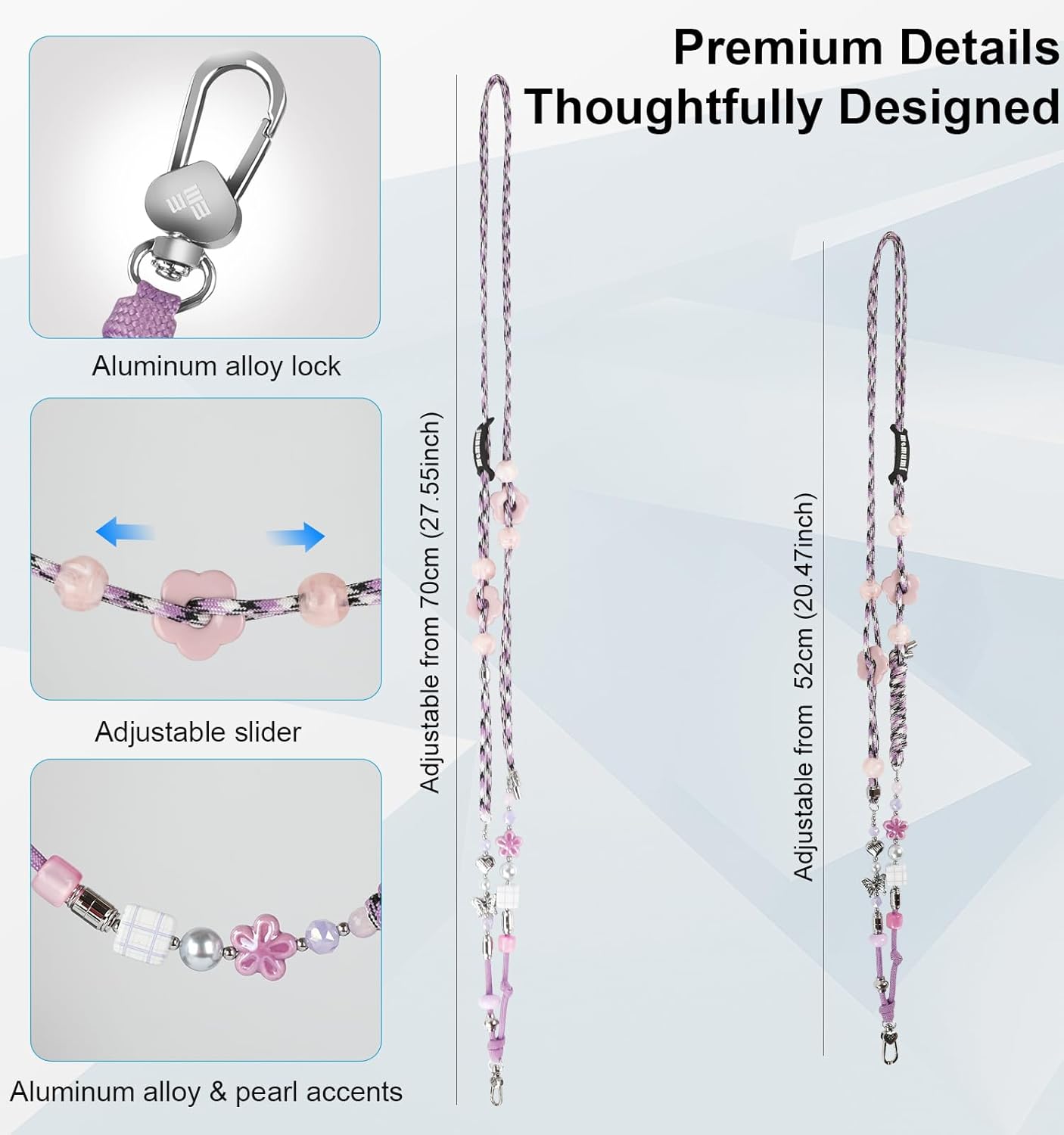 memumi Crystal Phone Lanyard Crossbody, Anti-Theft & Anti-Drop Crystal Beaded Wrist Lanyard, Compatible with iPhone 17 Pro Max and All Smartphones, A Cute Hands-Free Accessory for Women Purple