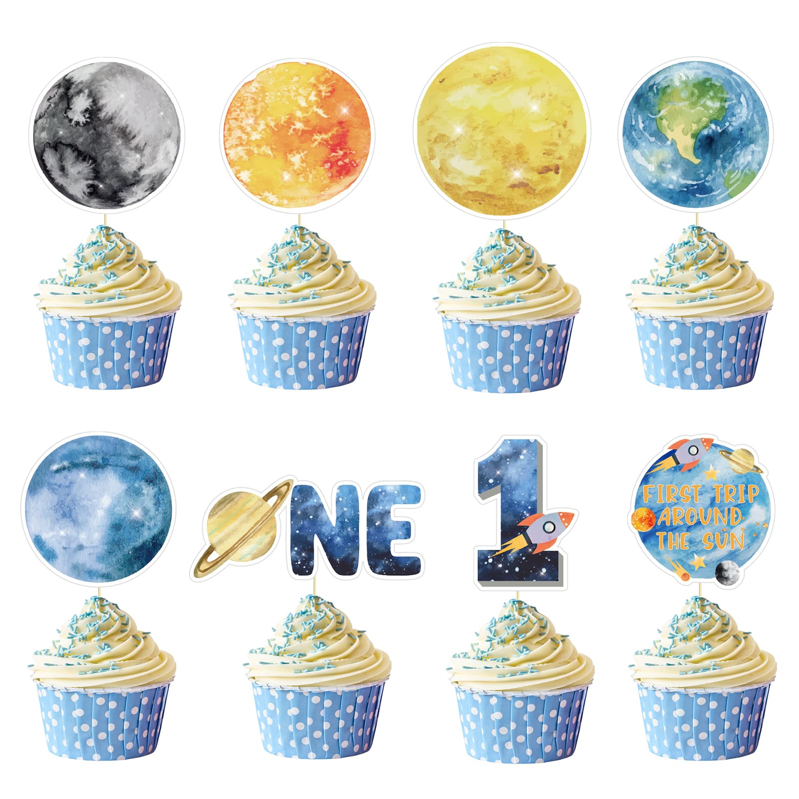 Weecnet 48PCS First Trip Around The Sun Cake Topper 1st Birthday Party Decorations Space Cupcake Toppers Planets Solar System Theme Party Supplies for Baby Boys