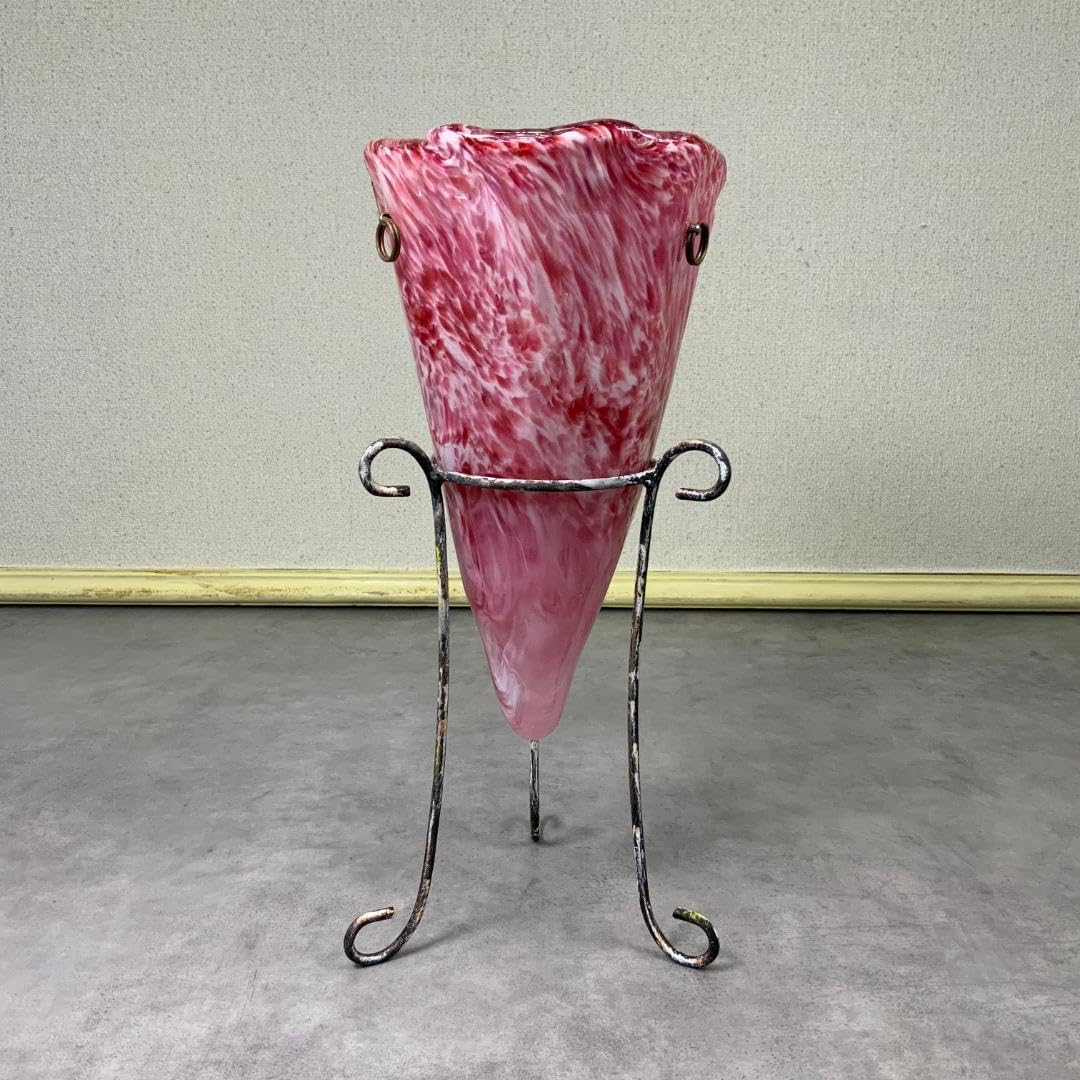 ヴィンテージ ガラス ベース マーブル ピンク×ホワイト 花器 花瓶 スタンド付 ヴィンテージ ガラス ベース マーブル ピンクホワイト花器花瓶スタンド