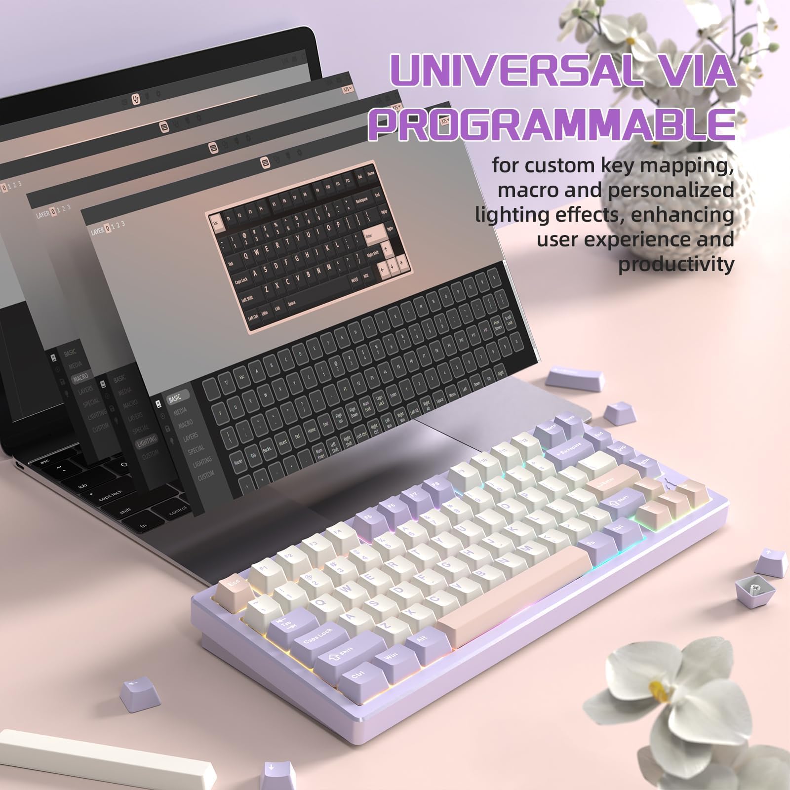 ATTACK SHARK X75 Via Teclado Mecánico Gaming Inalámbrico Completo De Aluminio, BT/2.4G/USB-C, Interruptores Lineales Intercambiables RGB, Diseño QWERTY del 75% con 5 Capas De Amortiguación-Púrpura