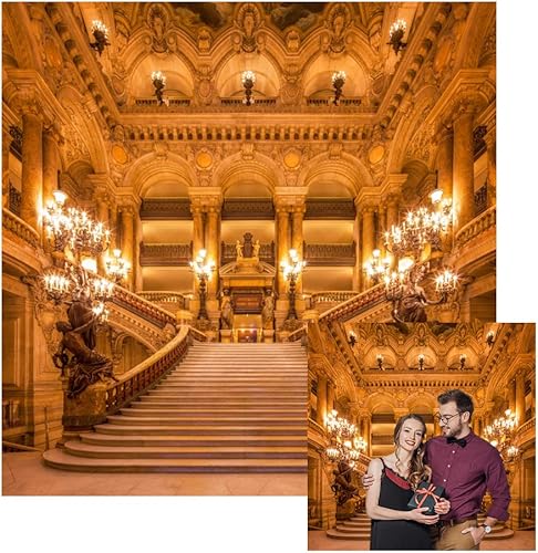 Renaiss Telón de fondo de palacio de lujo de 6 x 6 pies para fotografía, castillo dorado europeo, candelabro de interior real, escalera, ceremonia