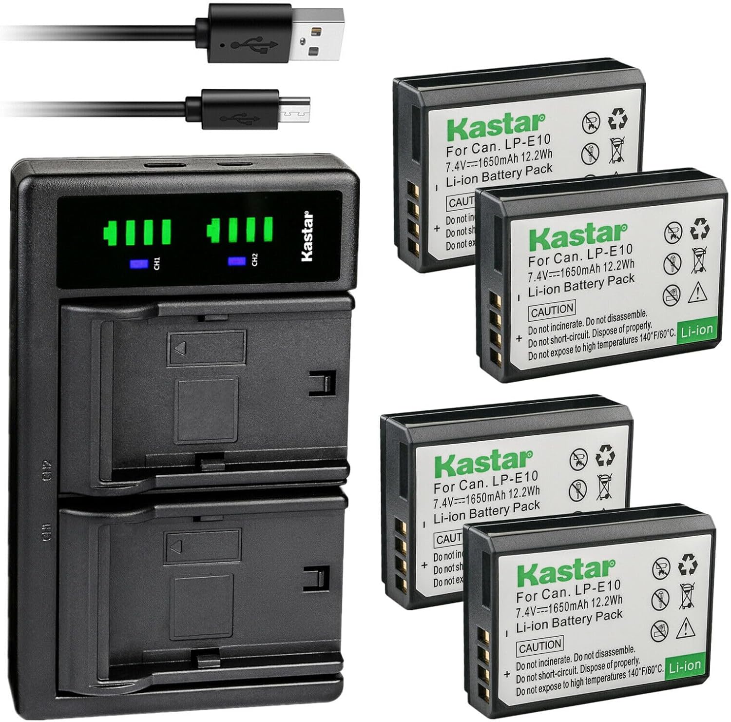 Kastar 4-Pack Battery and LTD2 USB Charger Replacement for Canon LP-E10 LPE10 Battery, LC-E10 LC-E10N Charger, Canon EOS Rebel T3, EOS Rebel T5, EOS Rebel T6, EOS Rebel T7, EOS Rebel T100 DSLR Cameras