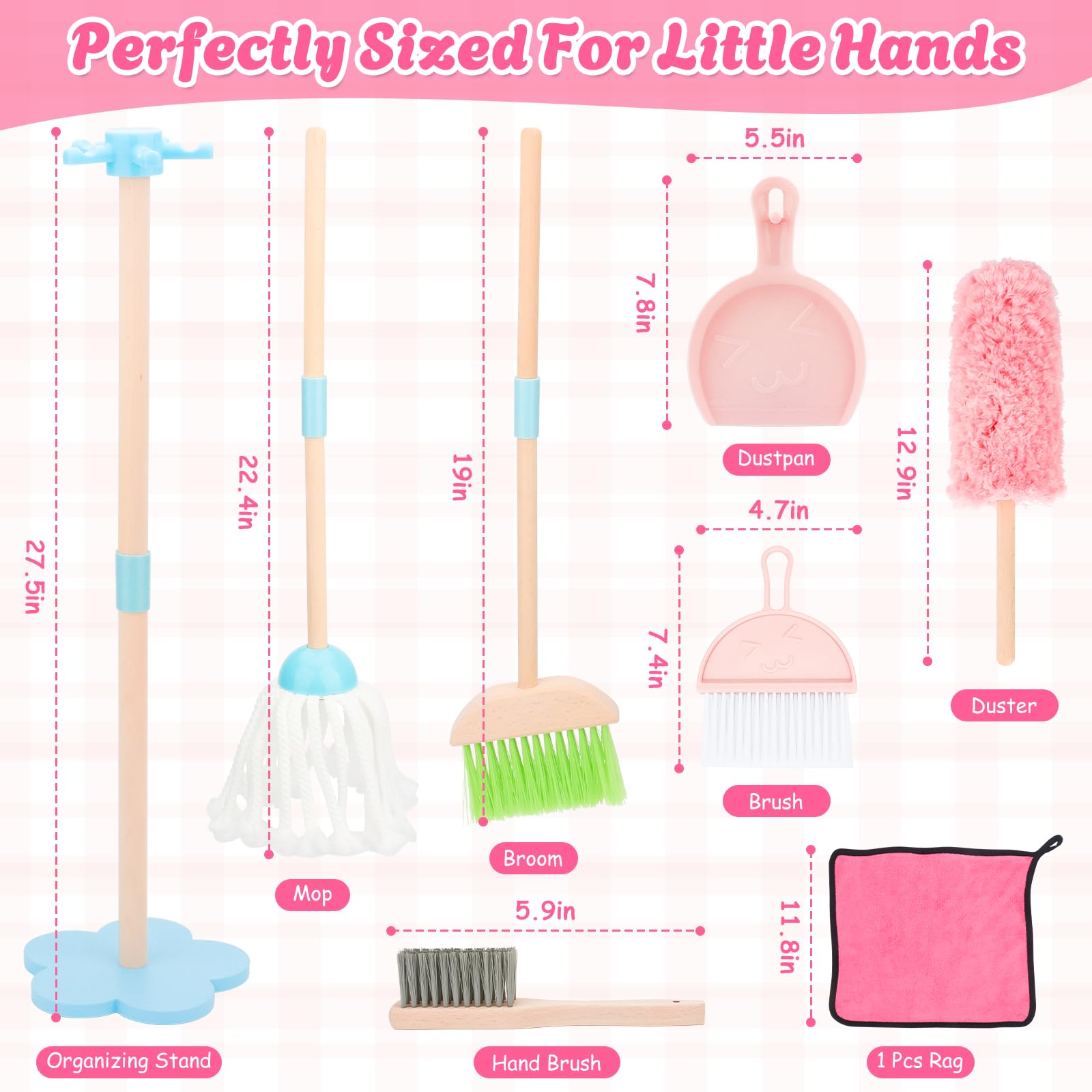 Juego de limpieza para niños, juego de escoba de madera para tareas domésticas, 7 piezas de juguetes de limpieza Montessori con juego de escoba y trapeador para niños, regalo para niños y niñas a 6