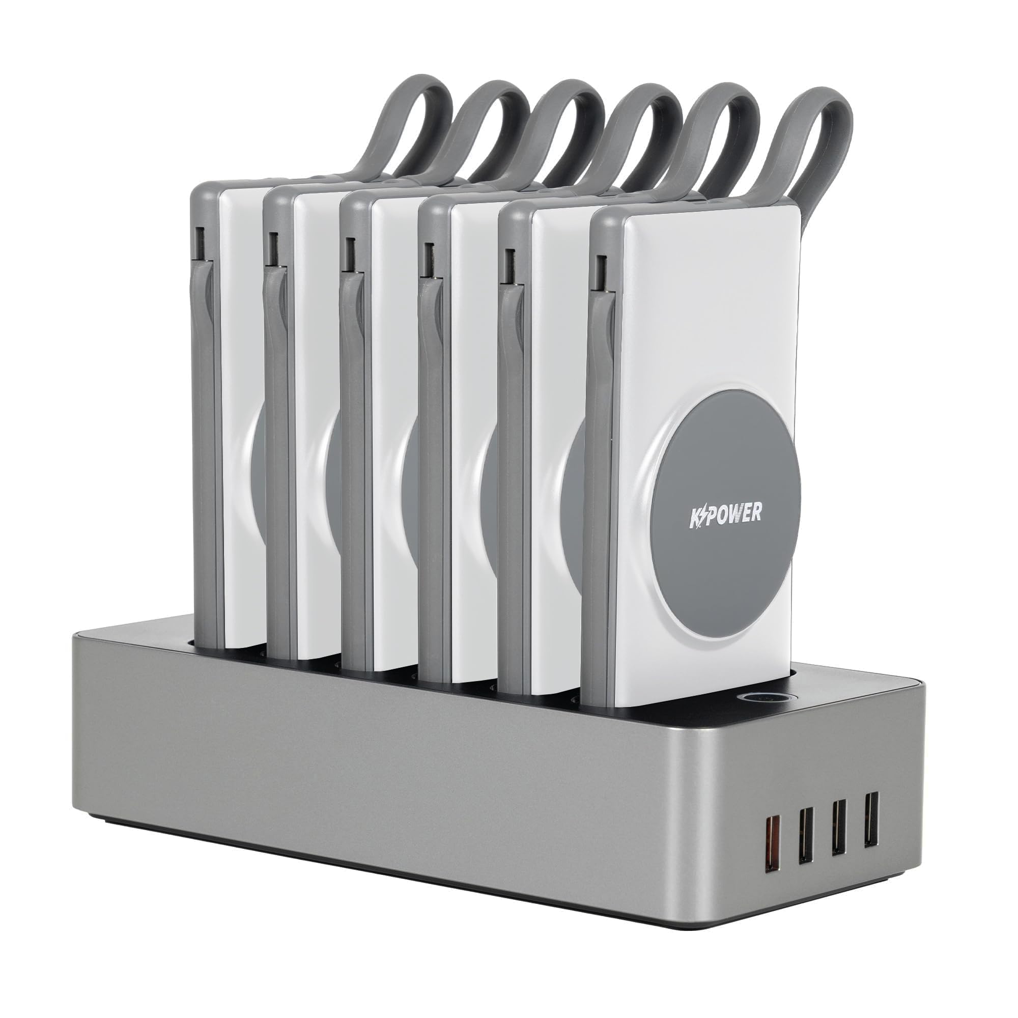 K POWER 6 in1 Wireless Power Bank Station 10000mAh with Built-in Cable, Power Delivery 20W QC Wireless and 1 Rapid Re-Charging Station with 4 USB Outputs/ 120W Charging Base Input (Color: White)