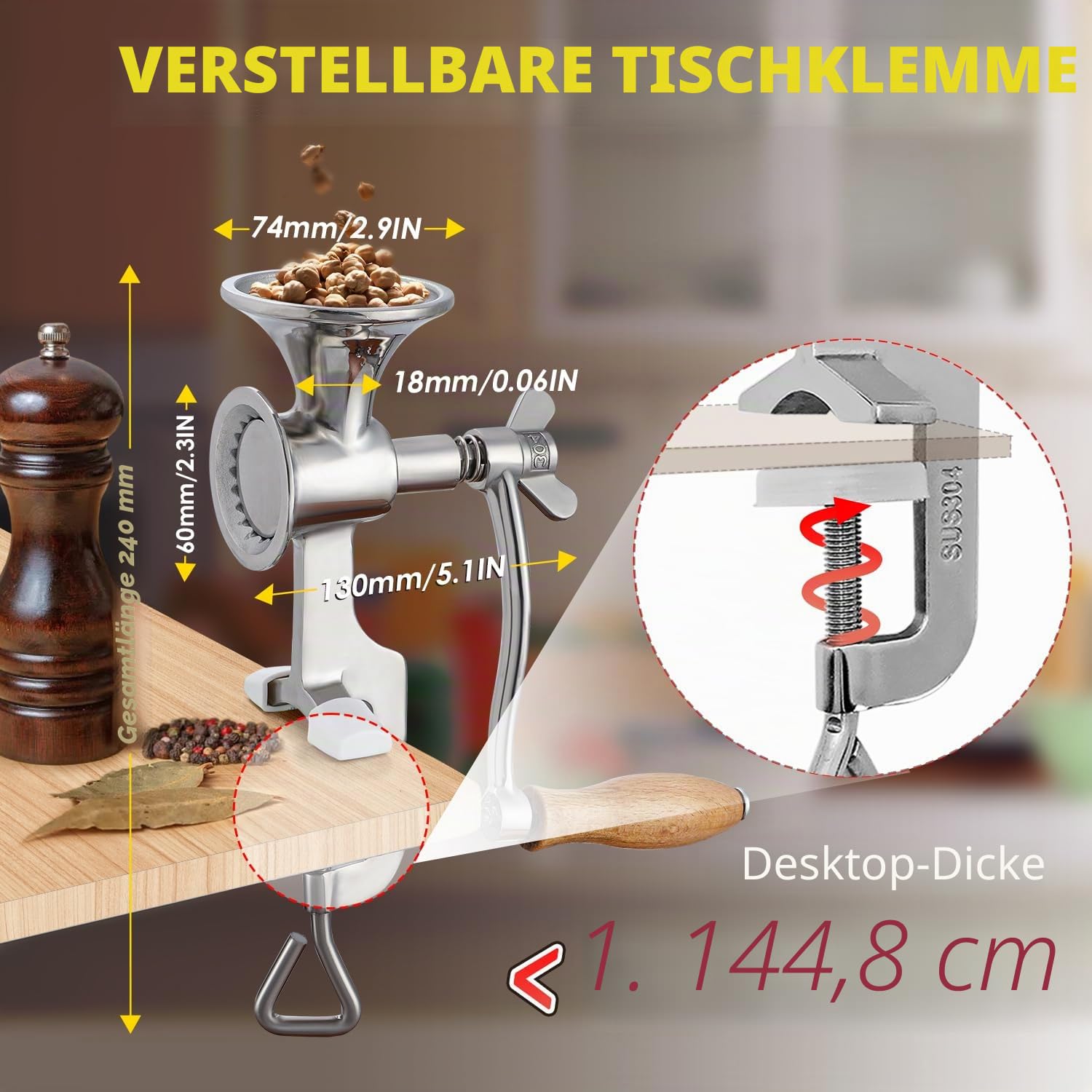 CGOLDENWALL Manuelle Getreidemühle Edelstahl Mohn Mühle Handbetriebene Kaffeemühle mit Feinheit einstellbar Frühling zum Würzen Pfeffer Mais Kichererbsen Kaffeebohnen Körner