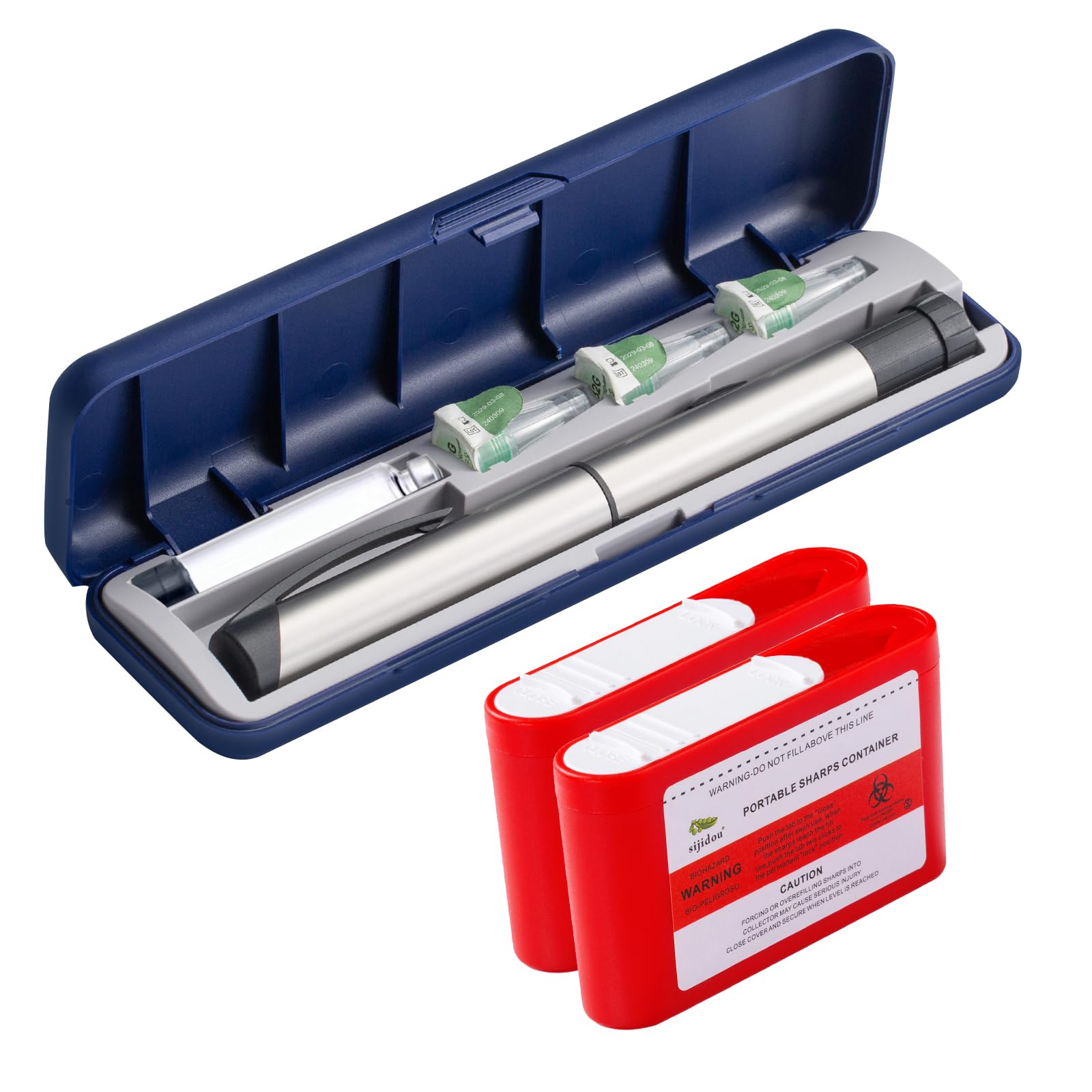 sijidou Portable Insulin Pen and Needle Travel Case, Holds 1 Insulin Pen, 3 Needles and 1 Insulin Cartridge, with 2 Pack Pocket Sharps Container, Keep Diabetic Supply Organizer & Safe