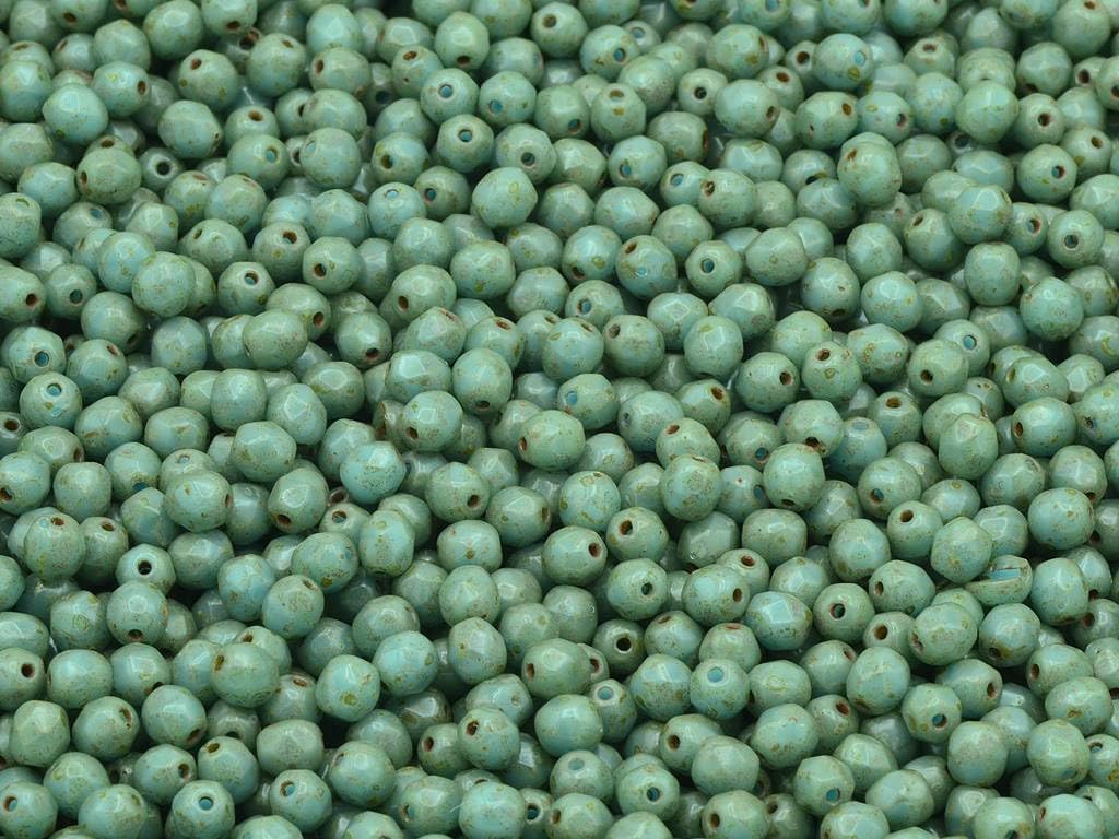 60p Faceted Round Fire Polished Beads, Transparent Green Travertin (50200-86800), Glass, Czech Republic (4 x 4 mm)