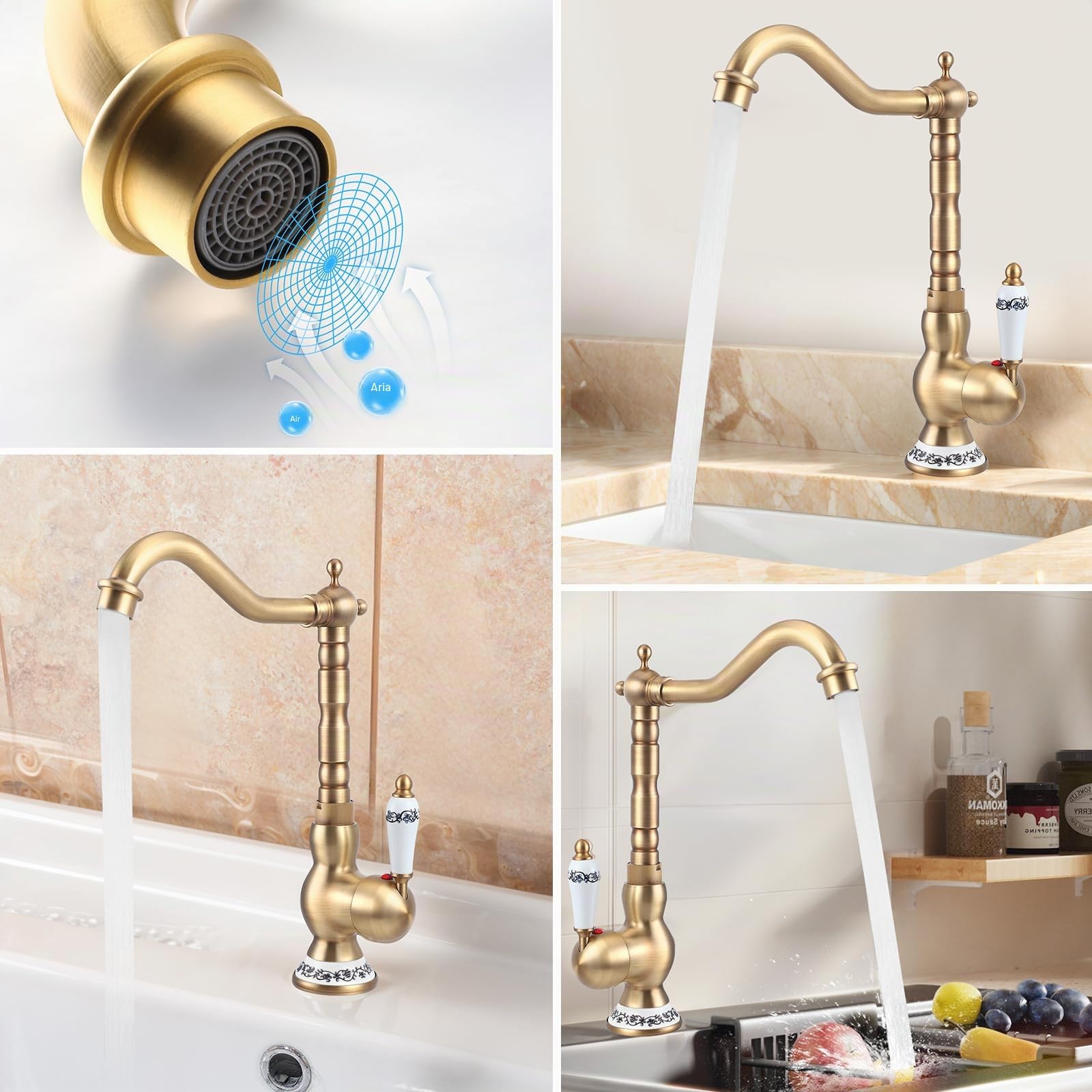 Rubinetto Cucina Ottone Antico Monocomando,Rubinetto Bagno Lavabo Vintage Monocomando in Ceramica,rubinetti stile antico,Calda e Fredda del Rubinettoda Cucina O In Bagno,Girevole a 360°,Bronzo