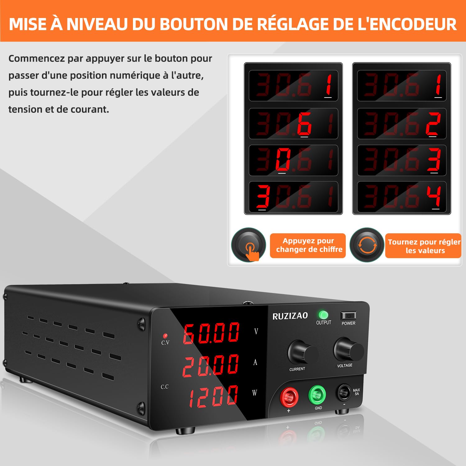 Alimentation de Laboratoire 60V 20A 1200W Haute Puissance Alimentation Stabilisée Réglable avec OUTPUT/Encodeur Bloc d'alimentation Laboratoire pour Automatisation/Laboratoire/Test de Batterie