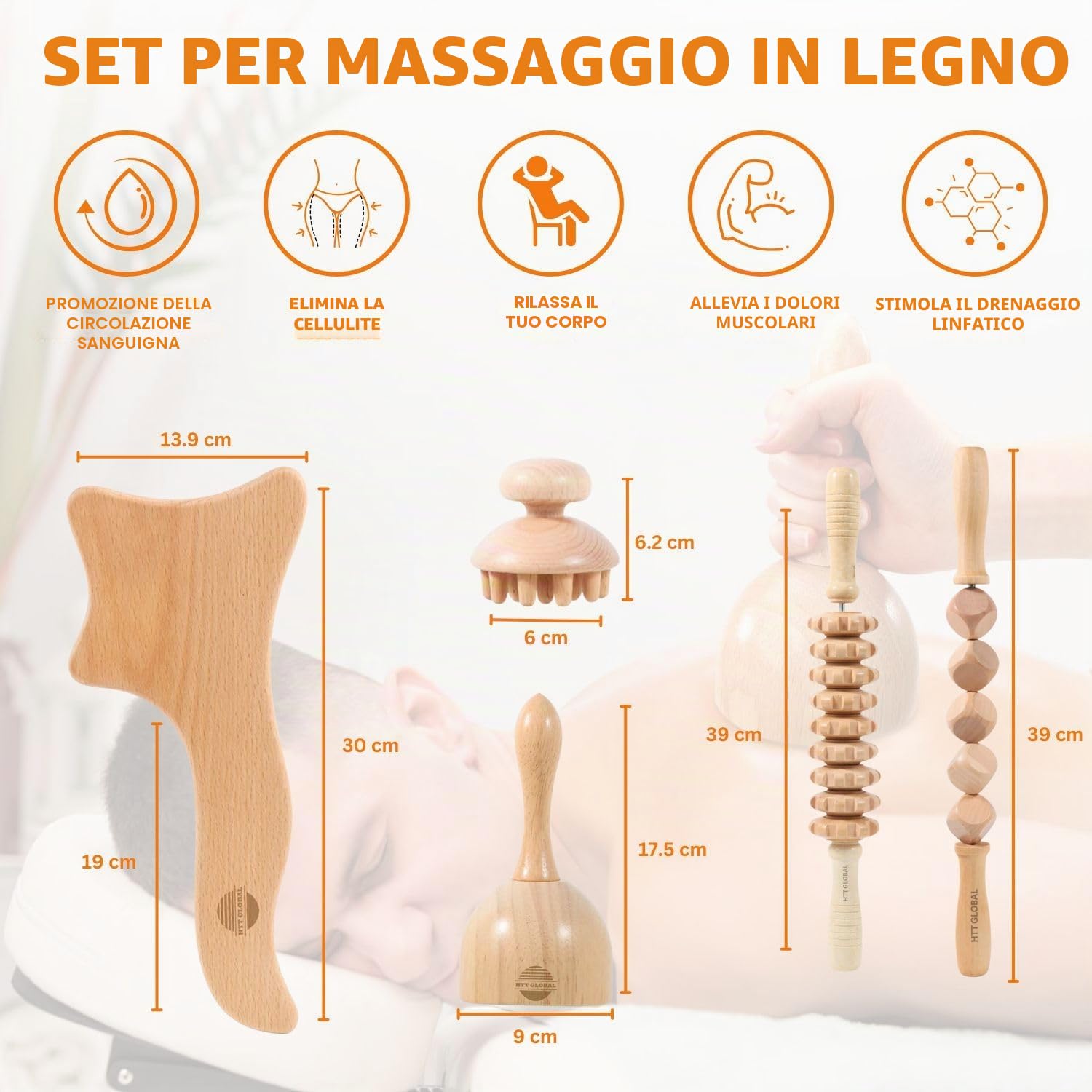 Strumenti per massaggi per terapia del legno per contouring e modellatura del corpo (5 pezzi), kit per maderoterapia con massaggiatore per drenaggio linfatico, strumenti per scolpire il