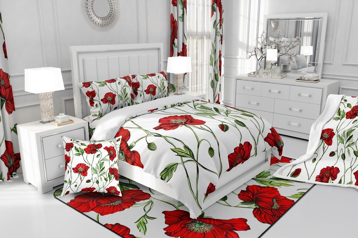 Loussiesd Kinder Mohnblume Baumwolle Bettwäsche Set 135x200cm Frühling Floral Blume Betten Set für Mädchen Jungen Natur Thema Bettbezug Set Home Dekor,1 Bettbezug mit 1 Kissenbezug