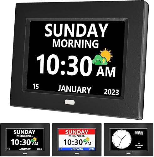 Reloj de 7 pulgadas con día y fecha para ancianos, pantalla grande, reloj digital, 5 alarmas, 3 recordatorios de medicamentos, fuente grande,