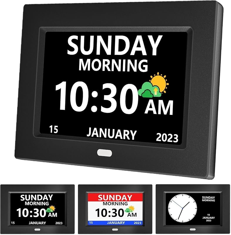 MRCHYDZ 7 Inch Clock with Day and Date for Elderly Large Display Digital Clocks 12 Alarms 3 Display Modes Large Font Alzheimer's Clock Alarm Clocks for Seniors Auto DST Black