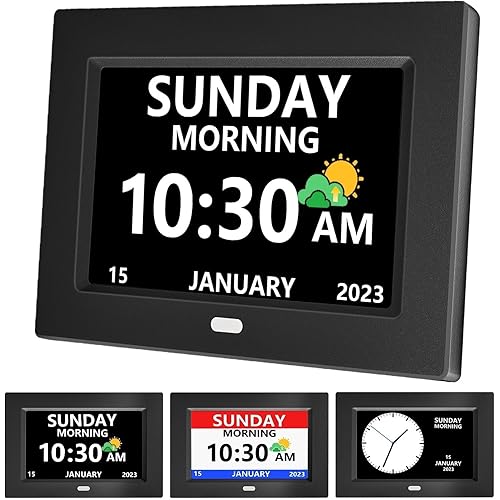 7 Inch Clock with Day and Date for Elderly Large Display Digital Clock 5 Alarms 3 Medicine Reminders Large Font Dementia Clocks Alarm Clock for Seniors Day Clock Black