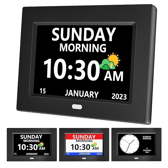 MRCHYDZ 7 Inch Clock with Day and Date for Elderly Large Display Digital Clocks 12 Alarms 3 Display