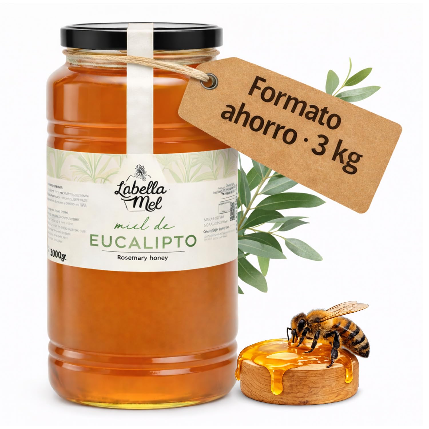 L'Abella Mel | Miel d'Eucalyptus Pur 100% Naturel | Miel d'Abeille Sans Additifs ni Sirops Ajoutés | Apiculture Familiale Depuis 4 Générations | Pot 3 kg