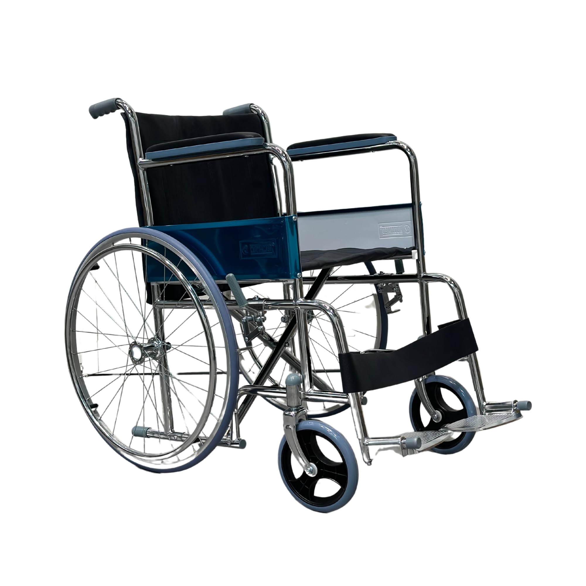 Novamed standard, foldable wheelchair (809) with a durable chrome metal frame, designed for seniors, disabled individuals, and those struggling with obesity. Suitable for both indoor and outdoor use.
