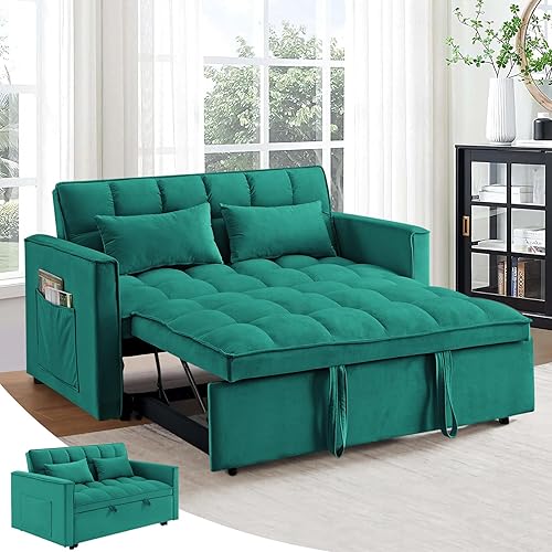 Antetek 3 in 1 Convertible Sleeper Sofa Bed, Modern Velvet Loveseat Futon Couch w/Pullout Bed, Small Love Seat Lounge Sofa w/Reclining Backrest, Toss Pillow, Furniture for Living Room,Turquoise Green