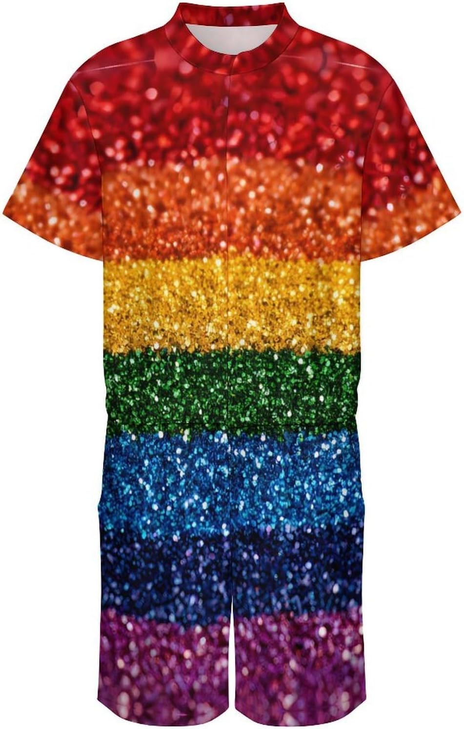 LGBT Rainbow Flag Glitter Novelty Men's Short Sleeve Romper Zipper Slim Fit Jumpsuit with Pockets