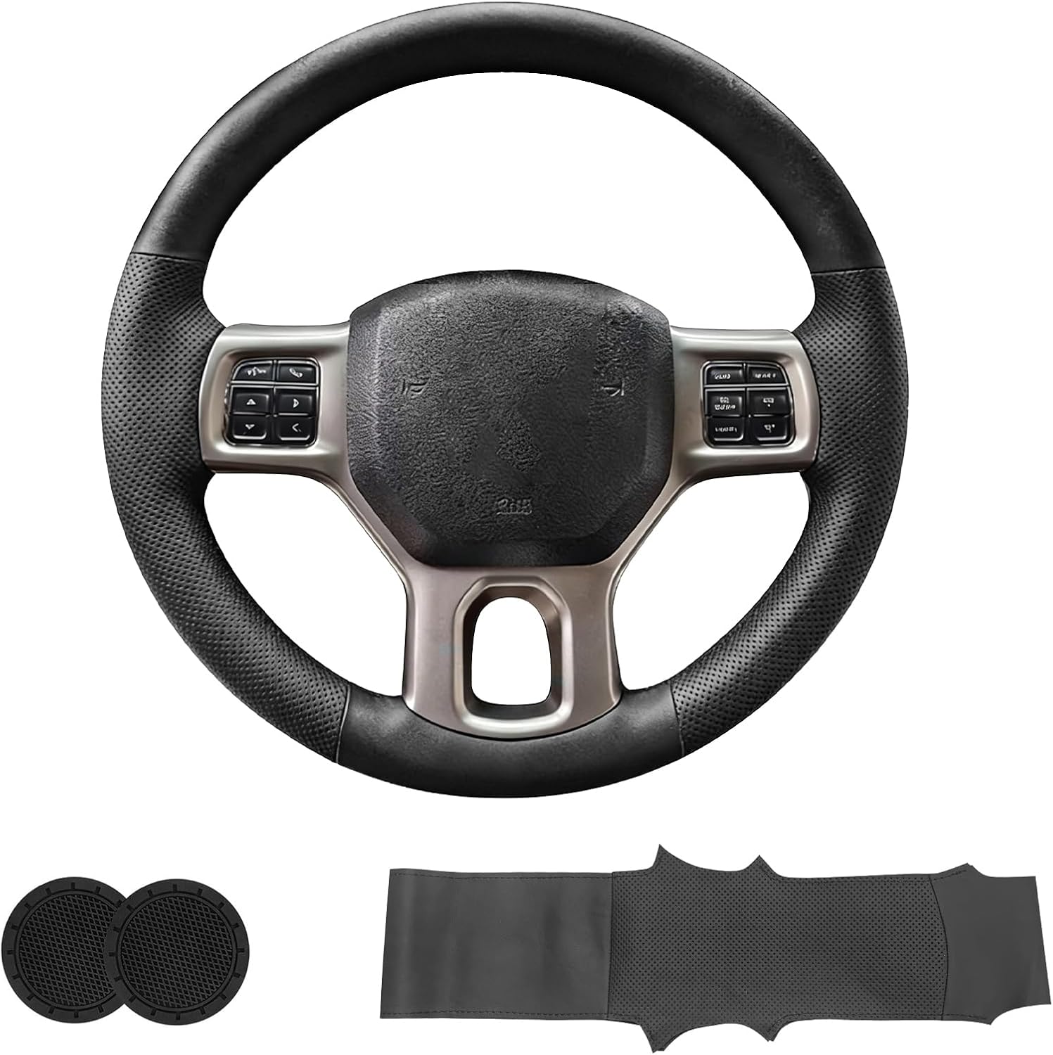 Genuine Leather DIY Hand Sewn Steering Wheel Cover for Dodge Ram Heavy Duty 1500/2500/3500/4500/5500 2013-2019 Accessories, Stitch on Full Wrap Steering Wheel Protector with Needle Thread