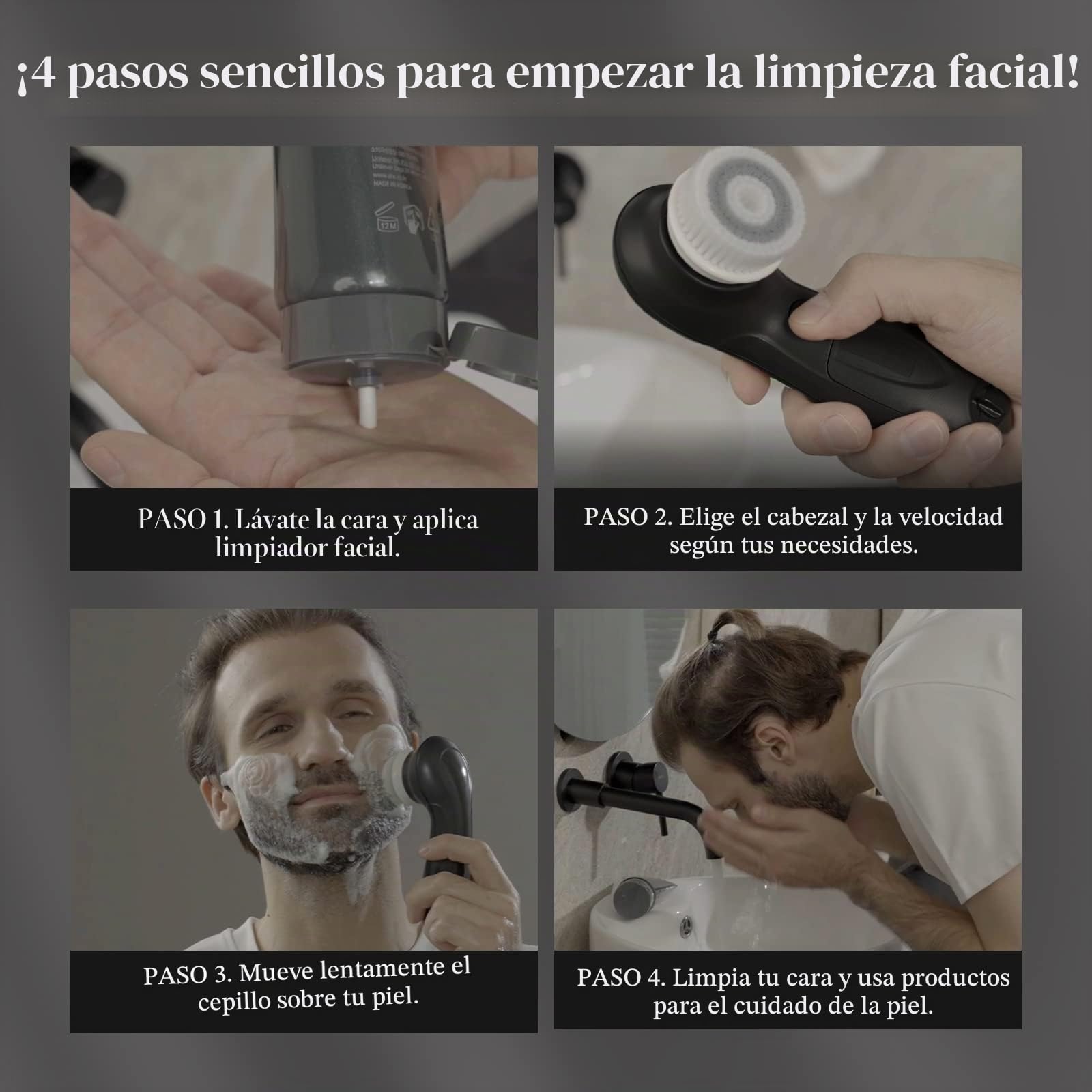 TOUCHBeauty Cepillo de Limpieza Facial para Hombre, Cepillo Limpiador Facial con Soporte, 3 Cabezales Exfoliantes, Doble Velocidad, Impermeable, Funciona con Batería, AG-0759M