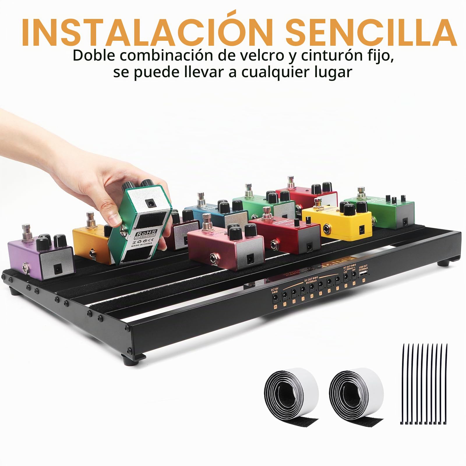 Kmise pedalera guitarra electrica, 49x31,5 x 3,5 cm Diez toma de corriente alimentación pedalboard,con Bolsa,cable de pedal, cargador, velcro, cierre de cremallera