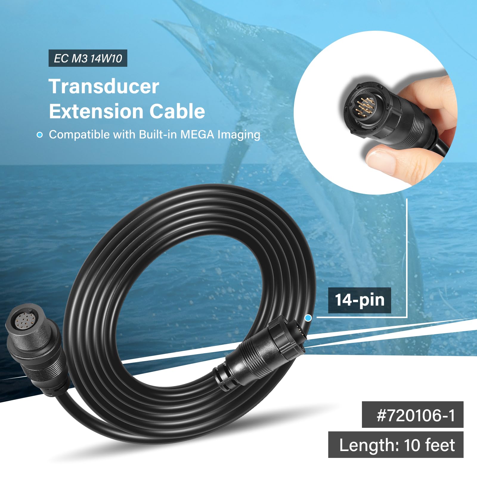 Bzumperyz 720106-1 EC M3 14W10 Transducer Extension Cable 14-pin Fit for Humminbird APEX XPLORE SOLIX and Onix Series Compatible with Built-in MEGA Imaging (10 Feet)