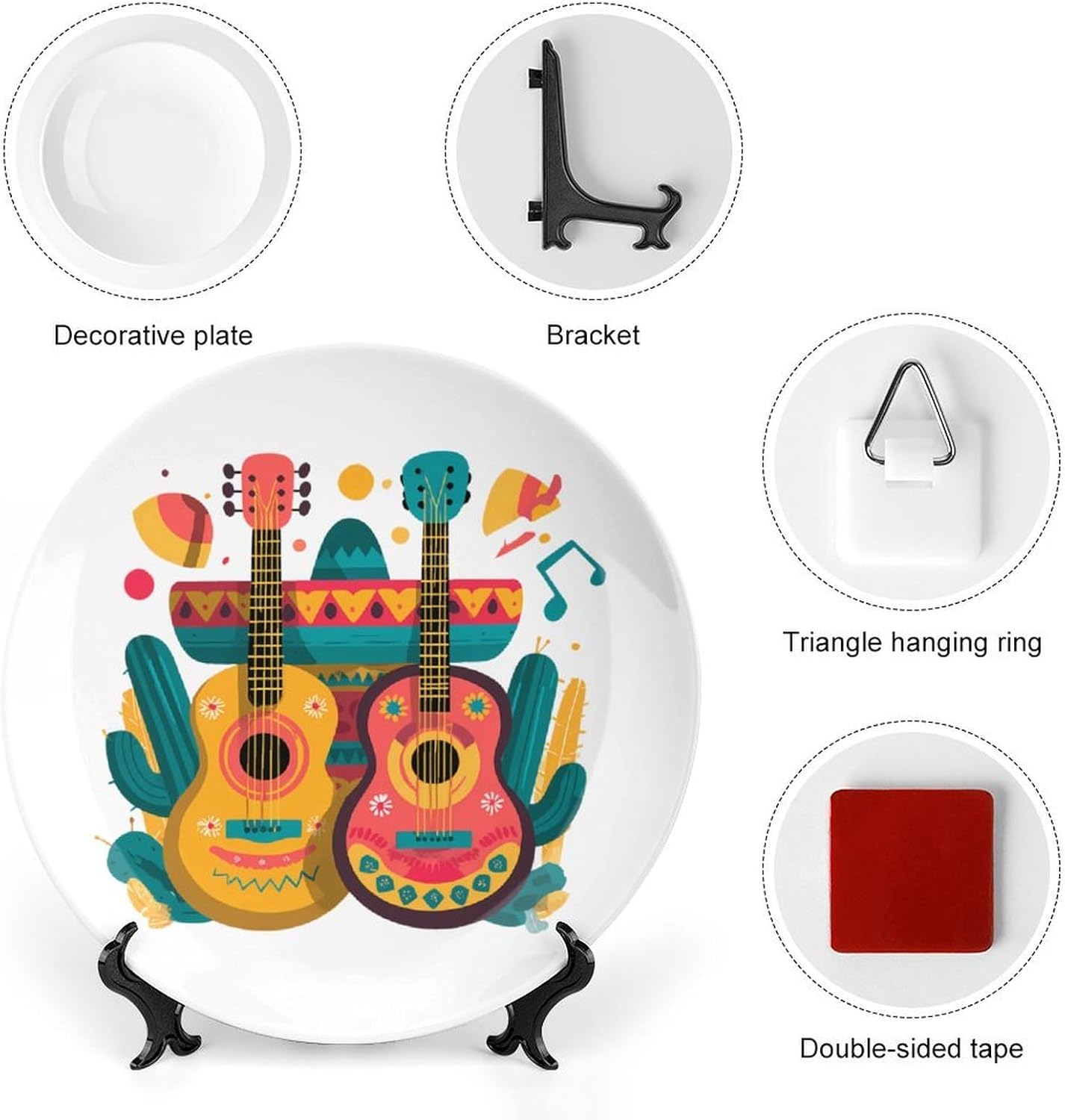 Mexican Music Guitar Cactus Decorative Plates for Display Ceramic Plate Tray with Stand Hanger Home Decor