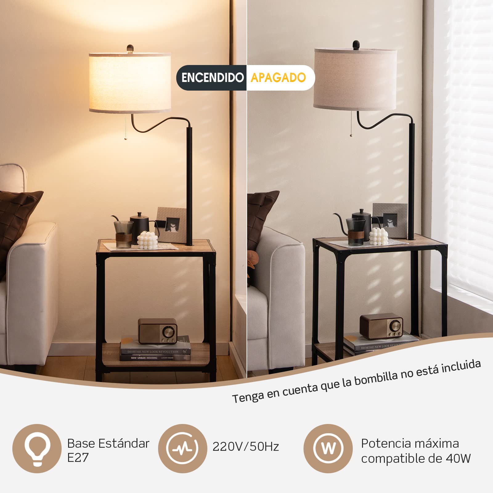 COSTWAY Lámpara de Pie con Mesa y Puertos de Carga USB, Lámpara de Mesa con Brazo Giratorio de 360°, Lámpara de Lectura de Pie Mesita de Noche para Salón, Dormitorio