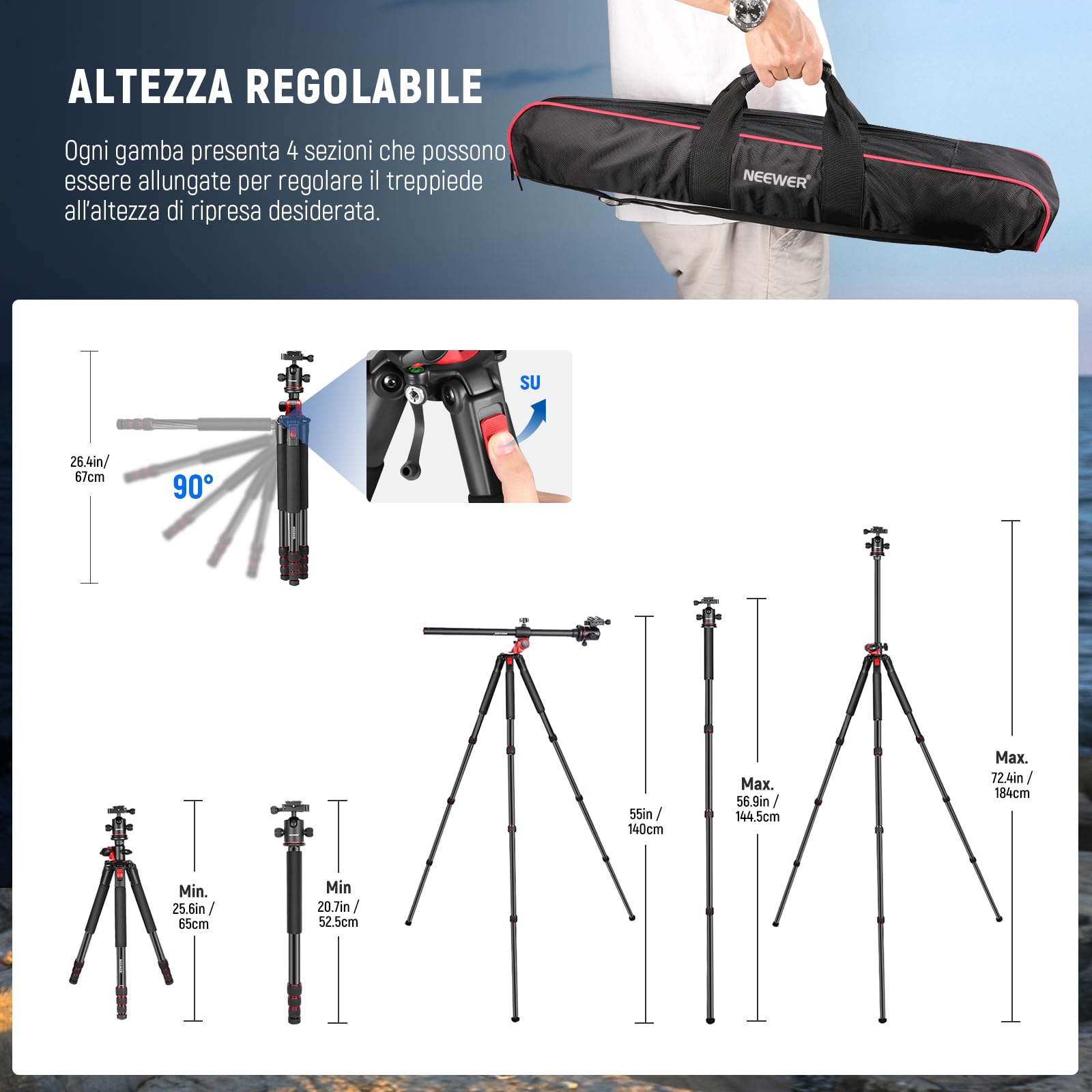 NEEWER 184cm Treppiede Monopiede per Fotocamera con Colonna Centrale e Testa a Sfera in Alluminio, Piastra QR Tipo Arca, Borsa, Treppiede Braccio Orizzontale per Fotocamera DSLR, Videocamera, Max 33lb