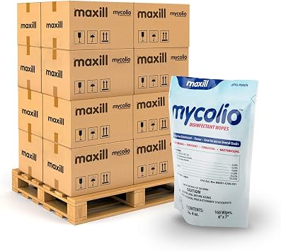 Maxill Mycolio Hospital Grade Disinfectant Wipes 160 Wipes - 6" x 7 - Disinfecting Antibacterial Sanitizing Cleaning Wipes 1 Pallet / 560 Refill Packs