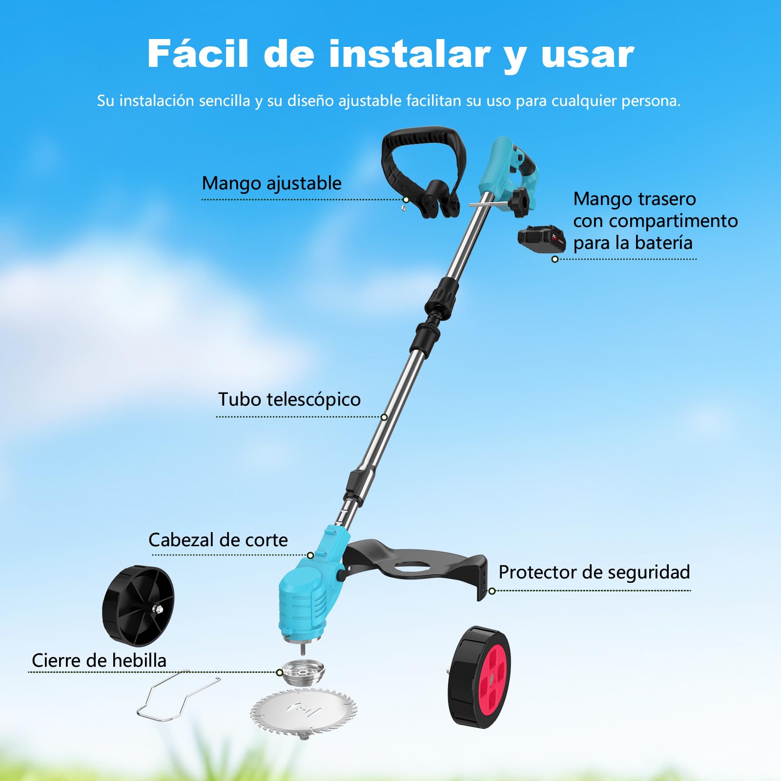 Desbrozadora Batería 21V, Desbrozadora Eléctrica, Equipado con 2 Baterías de 2.0Ah, 4 Cuchillas de Alta Eficiencia y Mango Ajustable, para Uso en Hogar, Patio y Jardín