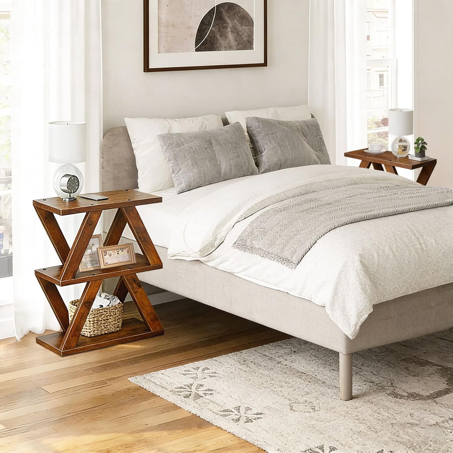 3 Tier Side Table with Side Guard Rails & Anti-Slip Pads, Narrow End Table for Small Spaces, Slim Nightstand with Storage Shelves for Bedroom, Living Room, Rustic Brown