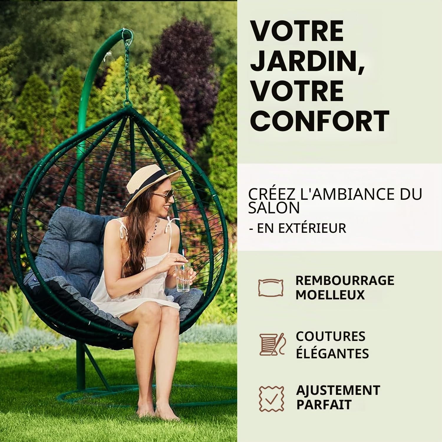 Coussin Fauteuil Suspendu 100x120 cm, Beige (Tissu écologique), Fauteuil Balancoire, Chaise Oeuf, Coussins d'extérieur/intérieur