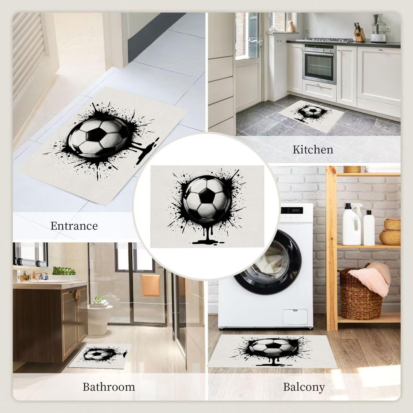 Ultradünne Coole Graffiti-Fußball Fußmatte Für Innenbereich, 90X150Cm Waschbar Teppich Für Eingangsbereich, Tintenklecks-Fußball Schmutzfänger Fussmatten, Schwarz-Weiß Rutschfeste Eingangsmatte